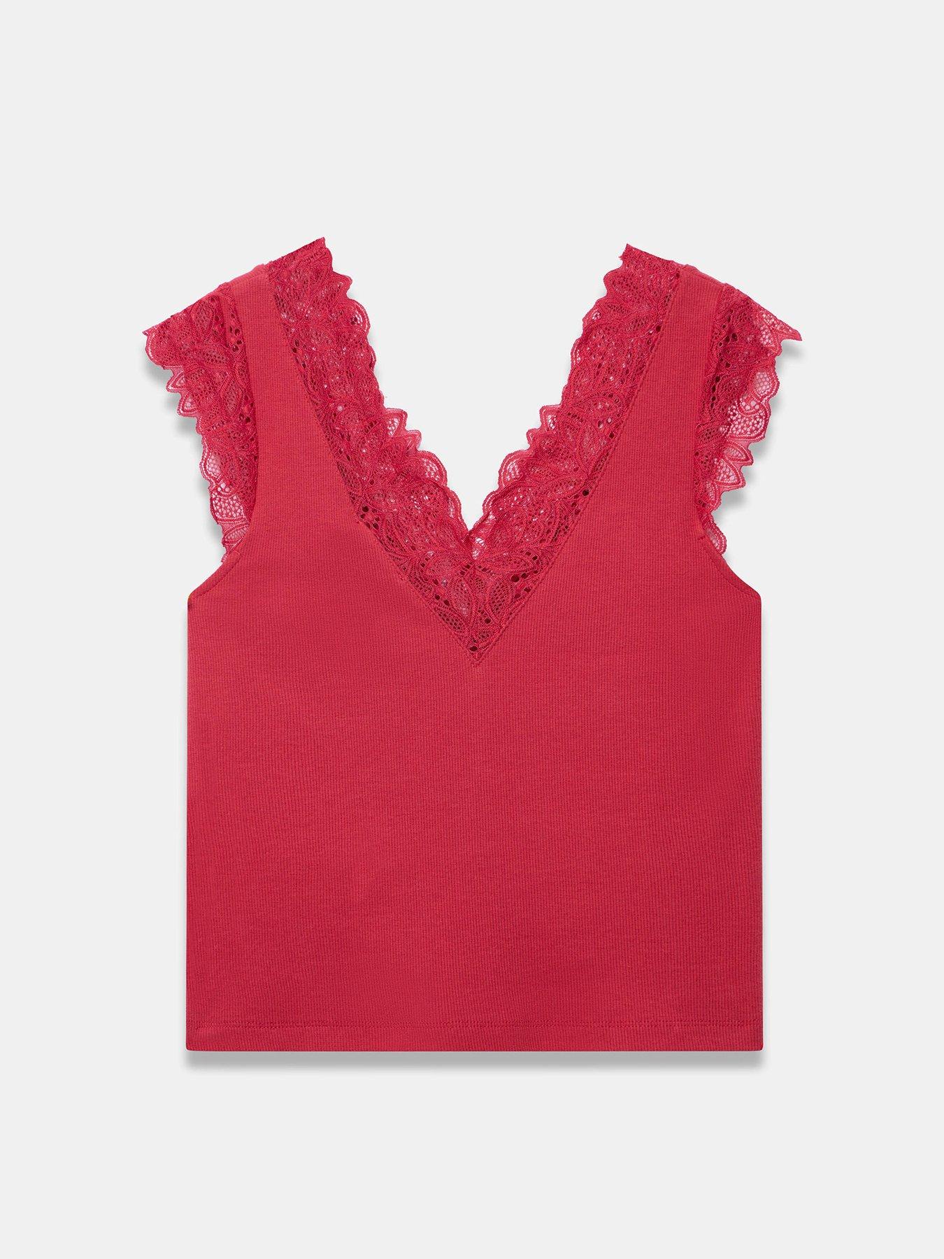 image of mint-velvet-lace-v-sleeveless-top-red