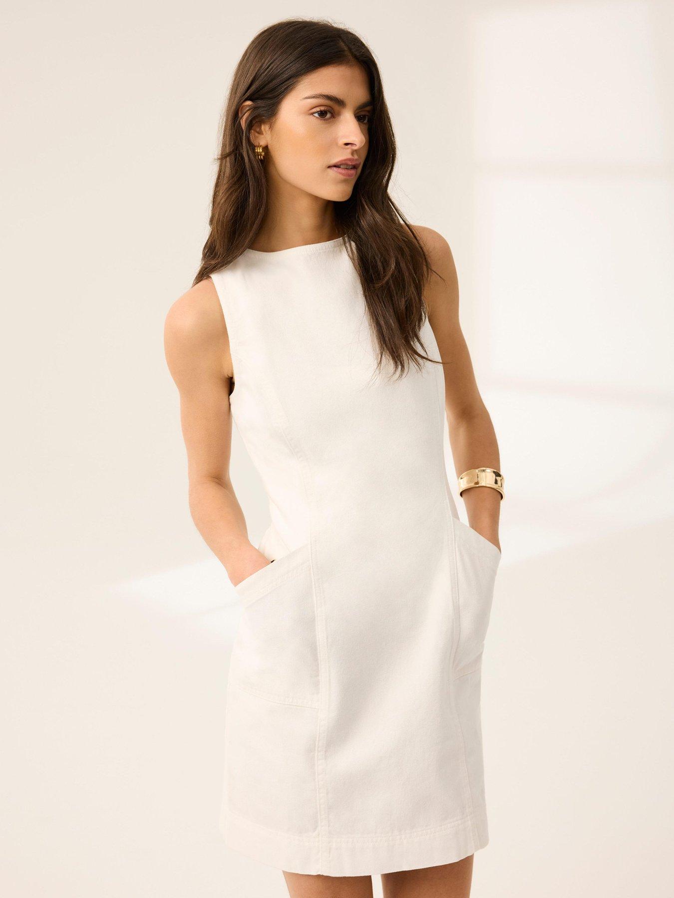 Image 1 of 6 of Mint Velvet Denim Mini Dress - White