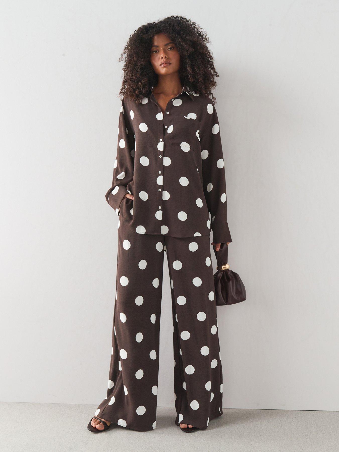 Image 1 of 7 of The Very Collection Polka Dot Wide Leg Co Ord Trousers - Brown