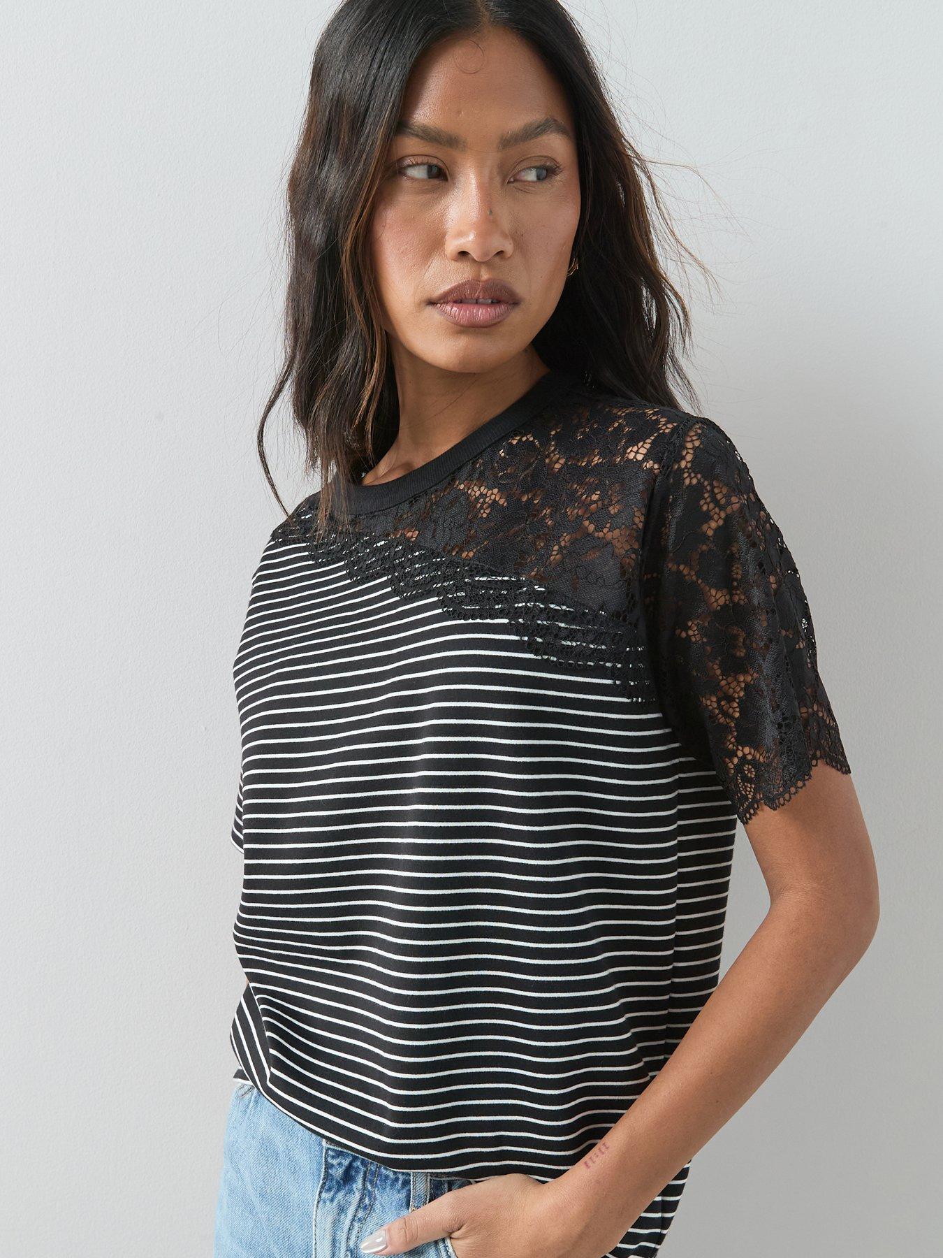 The Very Collection Lace Detail Stripe Tshirt - Mono Stripe