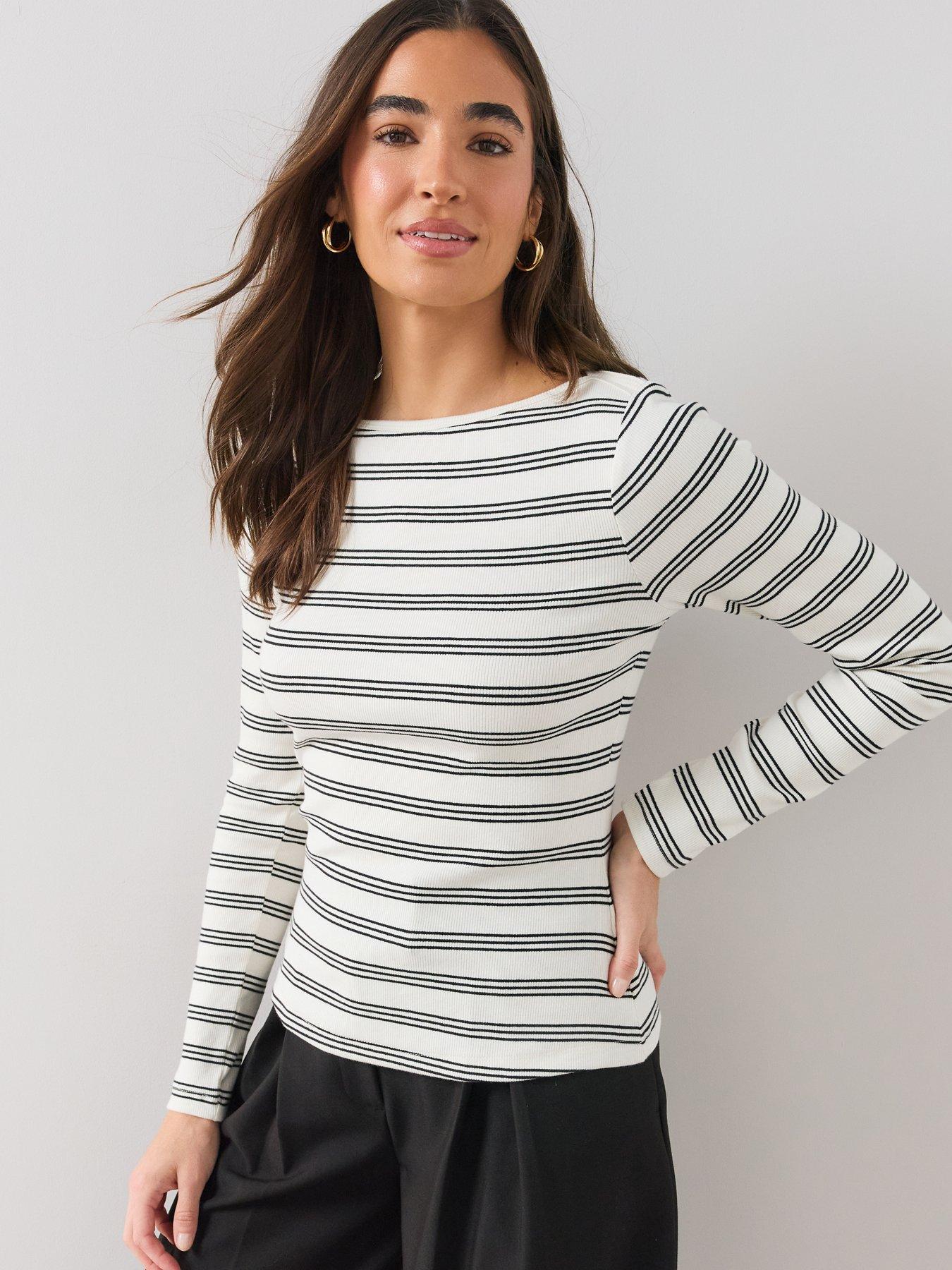 Image 4 of 6 of The Very Collection Womens Boat Neck Ribbed Stripe Long Sleeve Top - Black