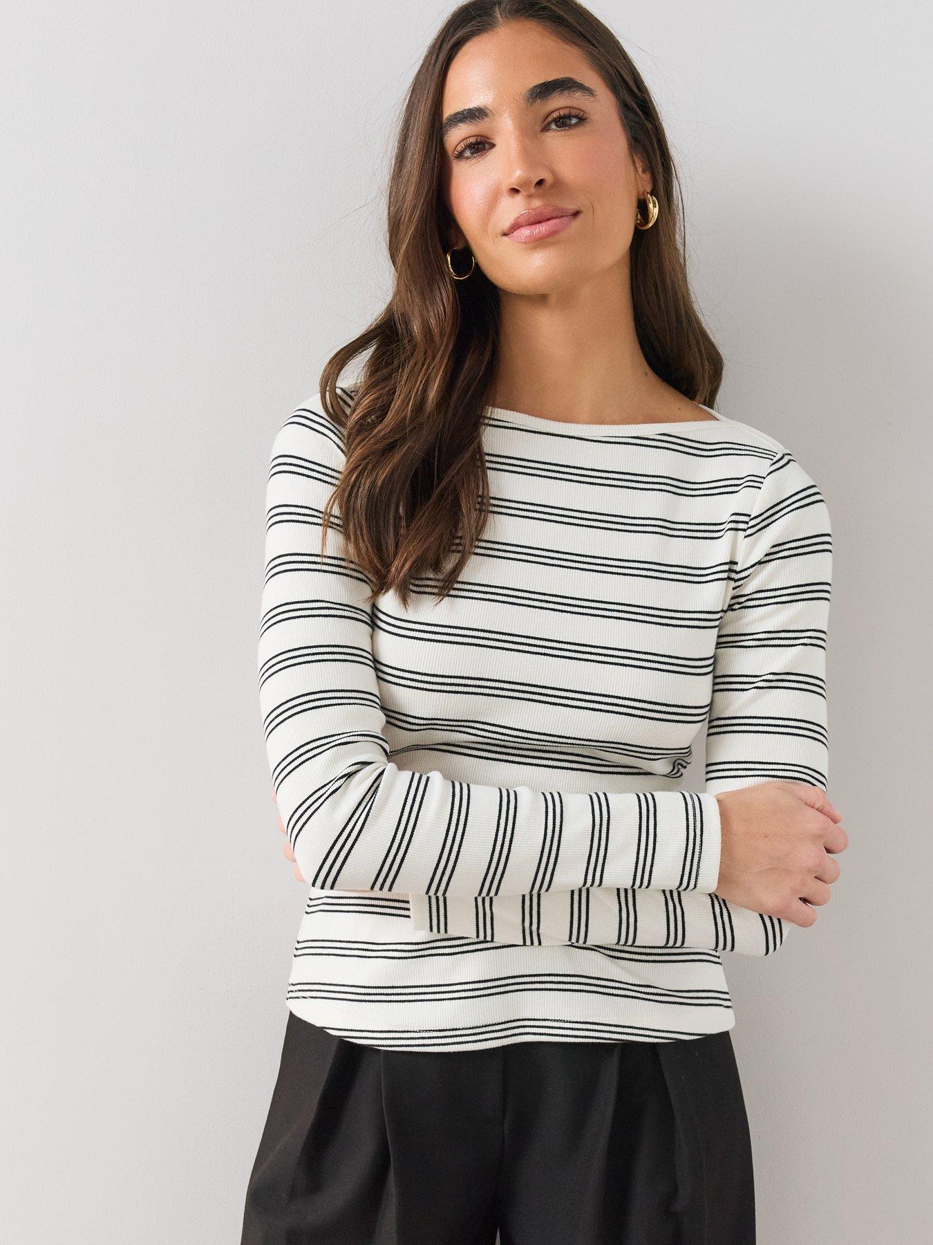 Image 6 of 6 of The Very Collection Womens Boat Neck Ribbed Stripe Long Sleeve Top - Black