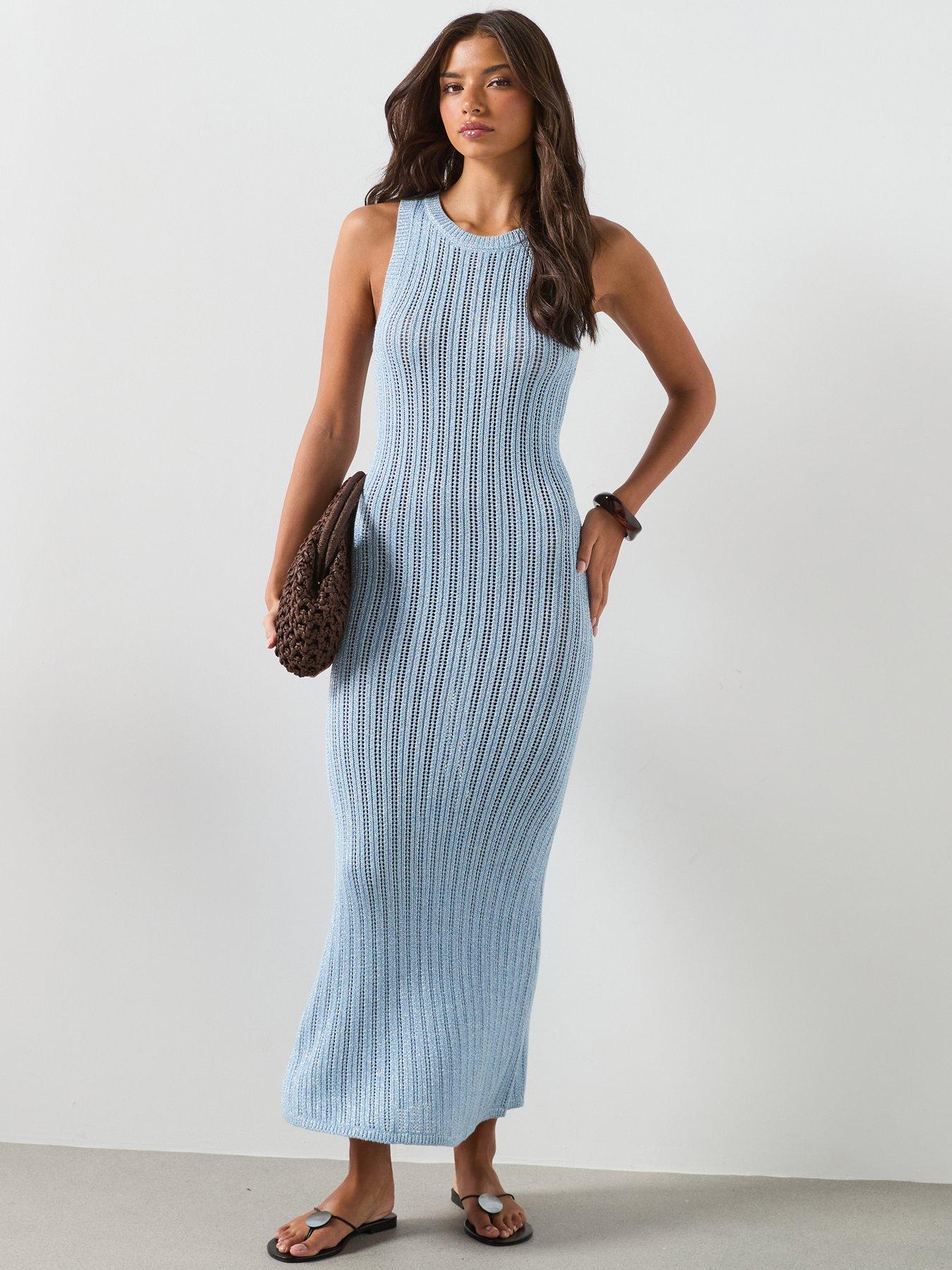 Mango Long Openwork Knitted Dress - Blue