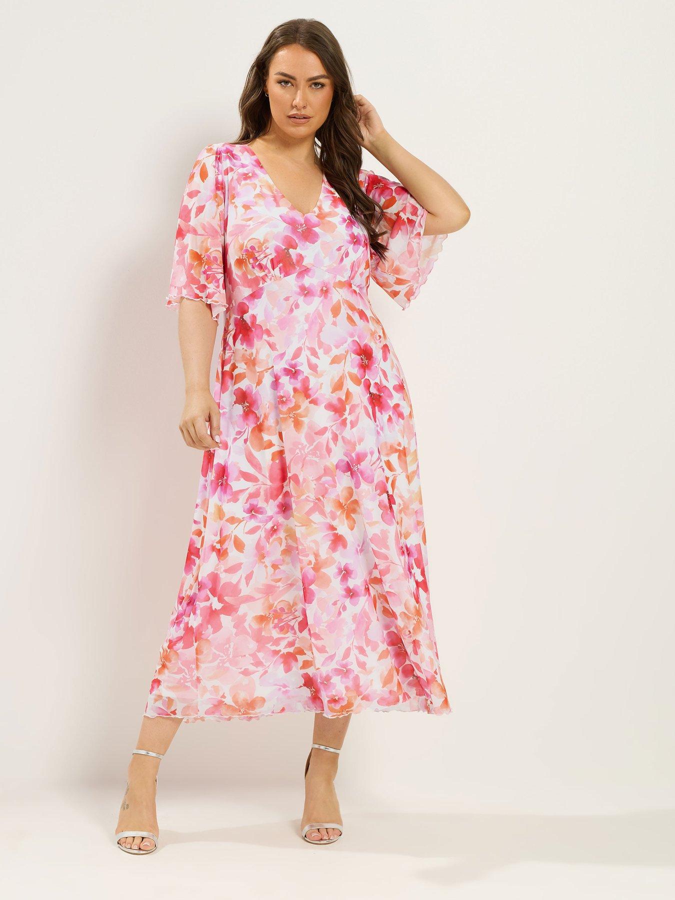 Yours Curve Mesh Angel Sleeve Dress - Pink