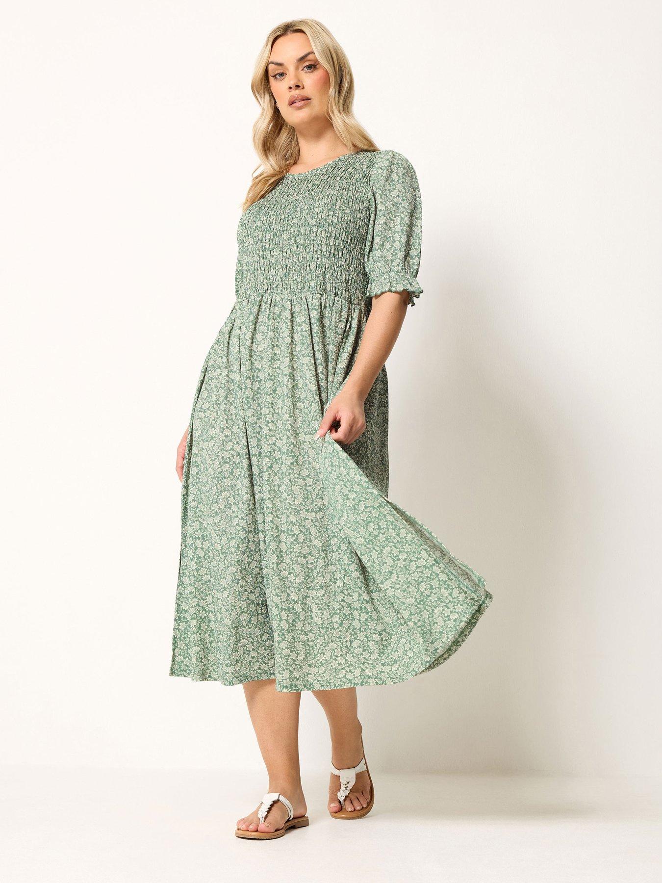 Yours Curve Shirred Puff Sleeve Dress - Green