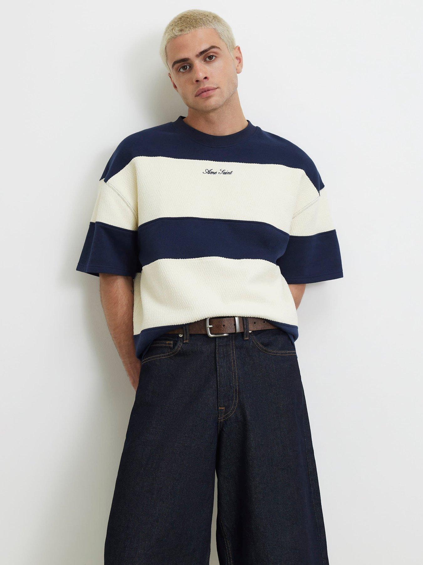 Image 1 of 5 of River Island Men's Oversized Cotton Ame Saint Stripe T-Shirt - Navy