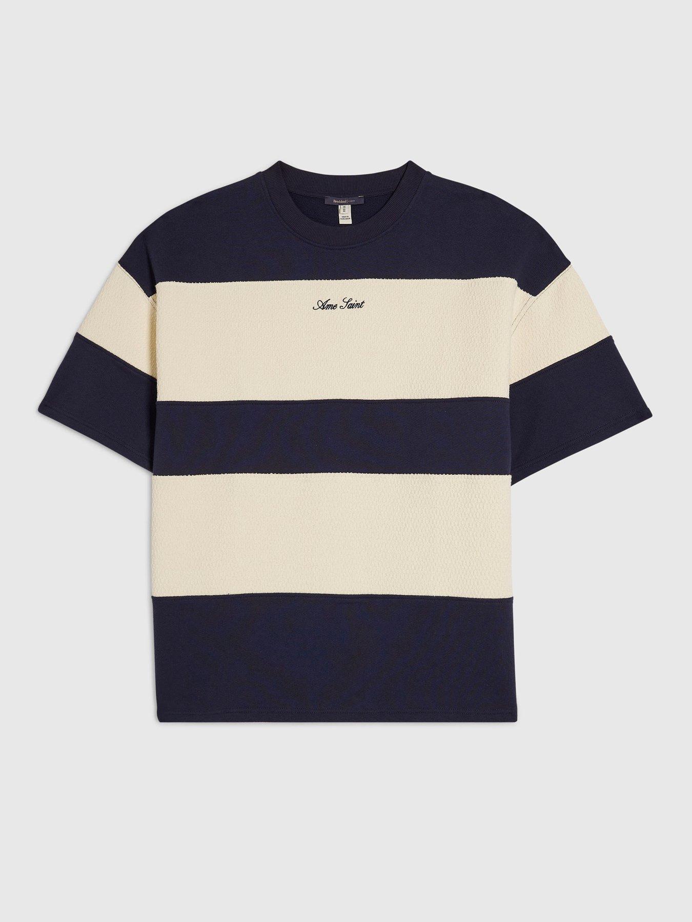 Image 4 of 5 of River Island Men's Oversized Cotton Ame Saint Stripe T-Shirt - Navy