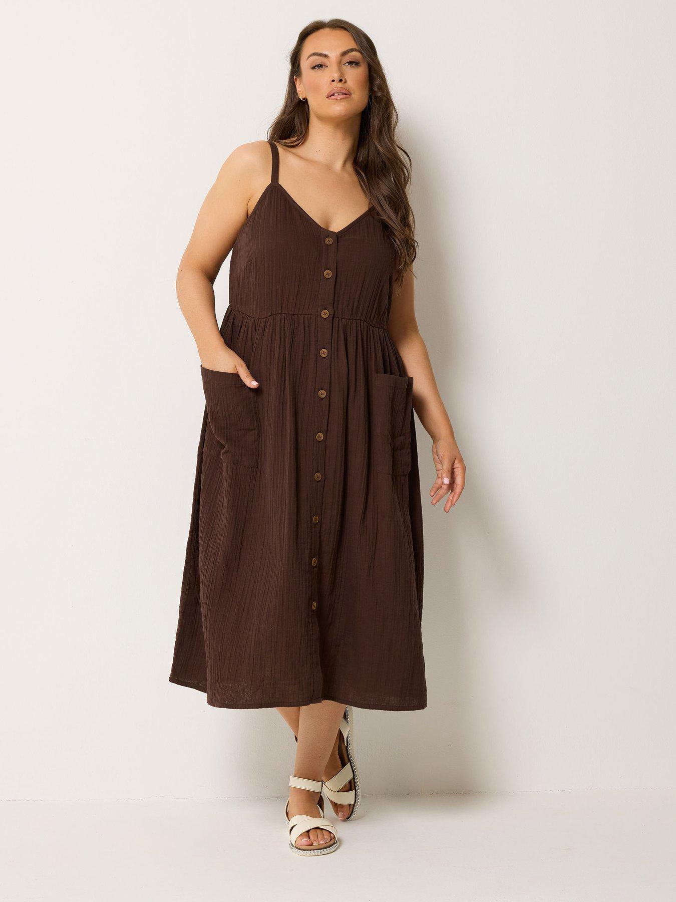 Image 3 of 4 of Yours Curve Cheesecloth Pocket Sundress - Brown