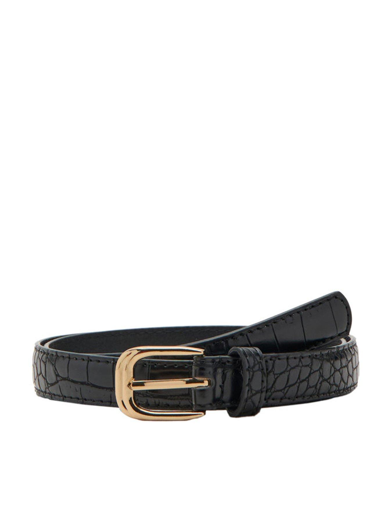 Mango Thin Faux Crocodile Leather Belt - Black
