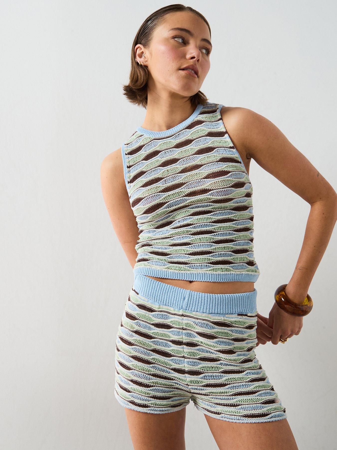 Image 1 of 6 of Mango Wavy Stripe Knit Shorts - Sky Blue