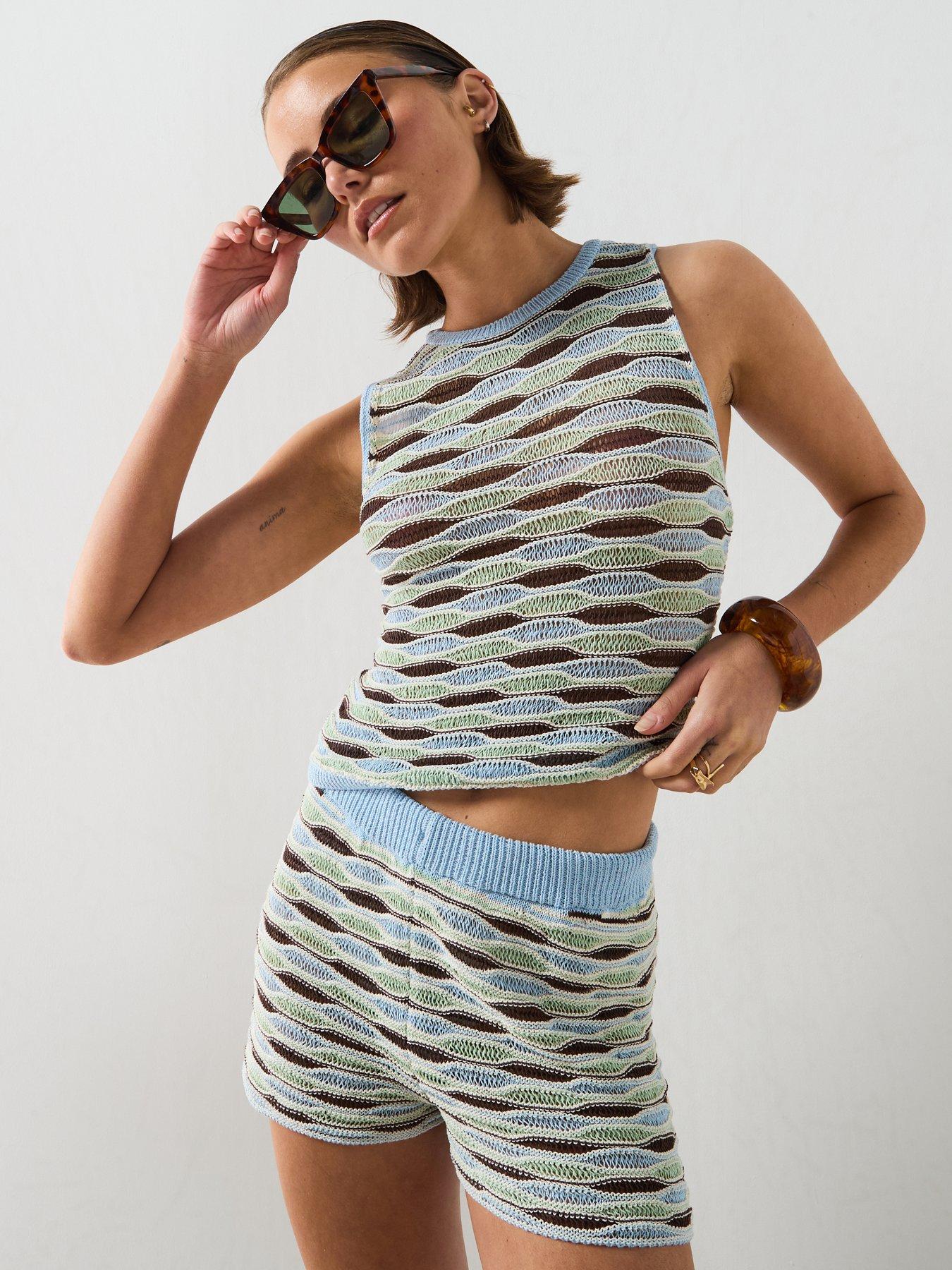 Image 4 of 6 of Mango Wavy Stripe Knit Shorts - Sky Blue