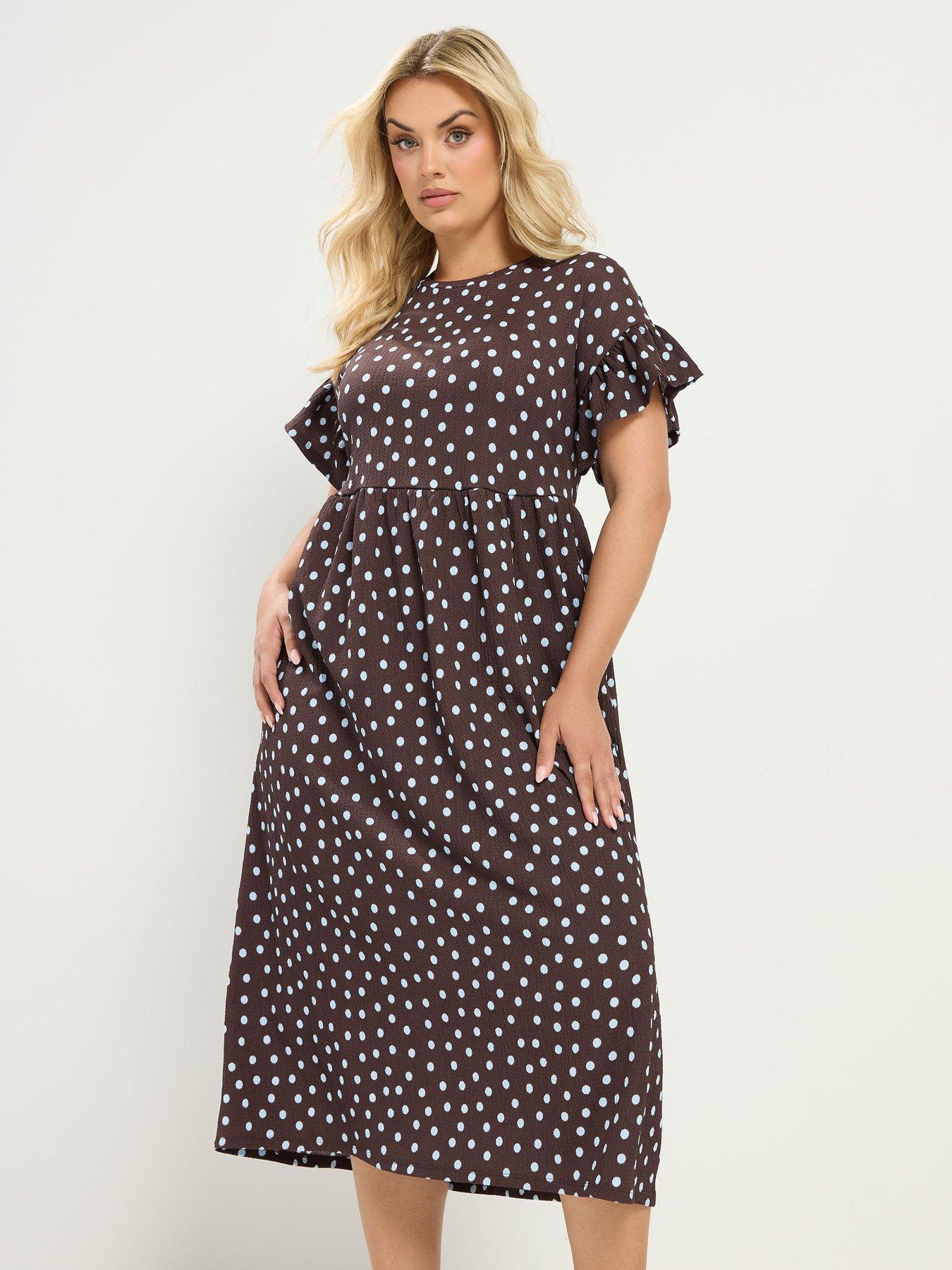 Yours Curve Polka Dot Midi Dress - Brown