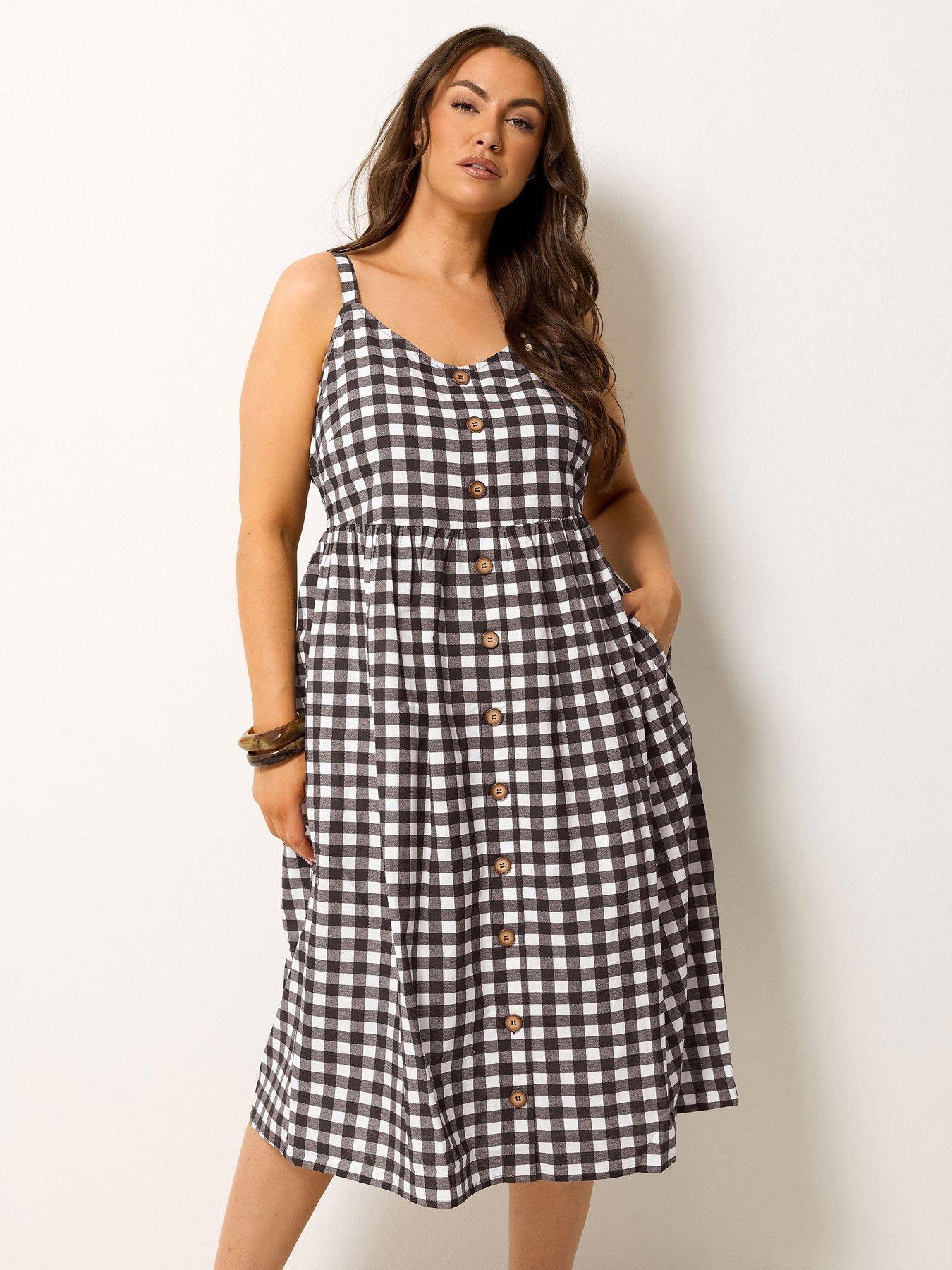Image 1 of 4 of Yours Curve Chocolate Gingham Print Linen Dress - Brown