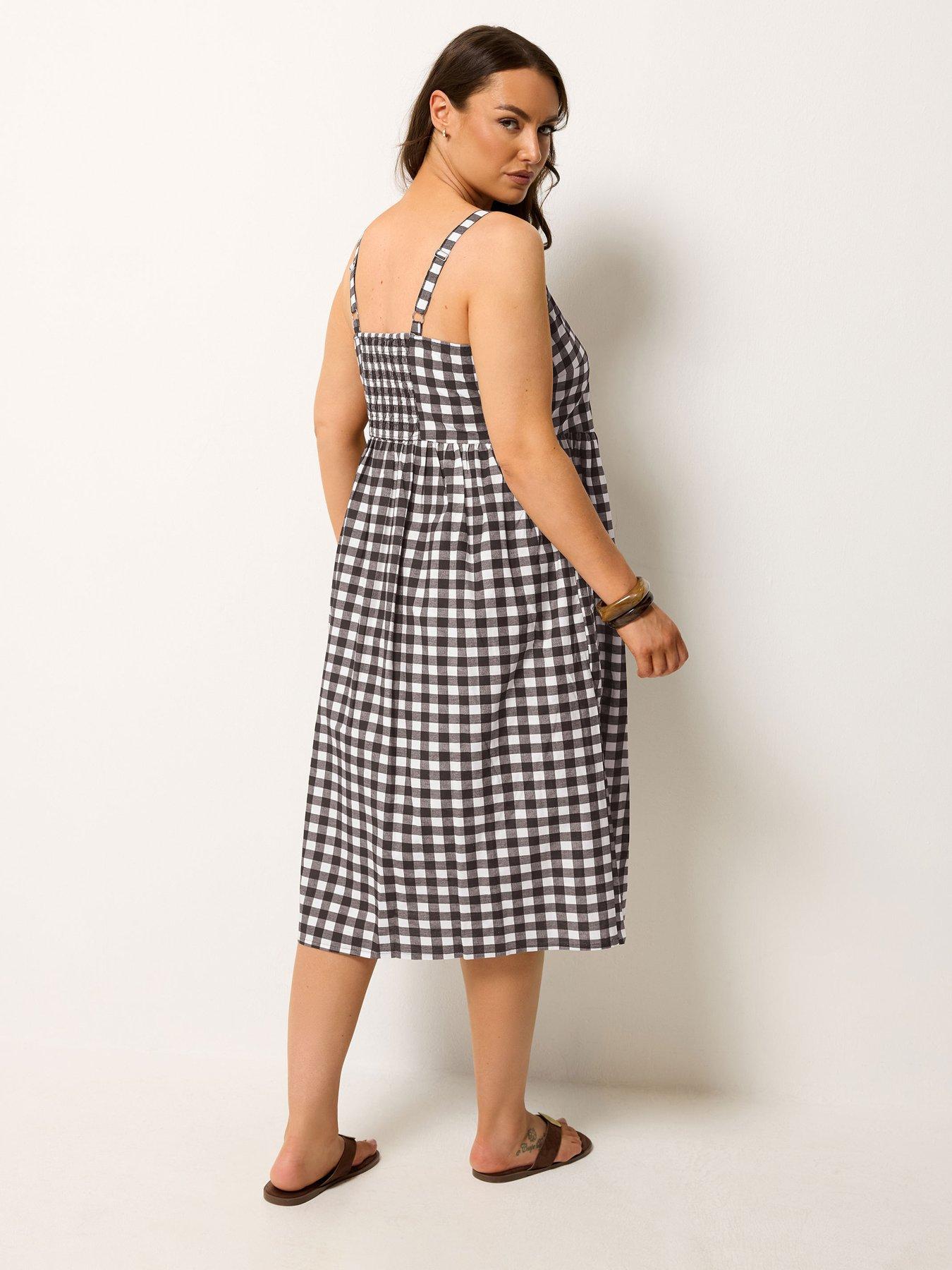 Image 2 of 4 of Yours Curve Chocolate Gingham Print Linen Dress - Brown