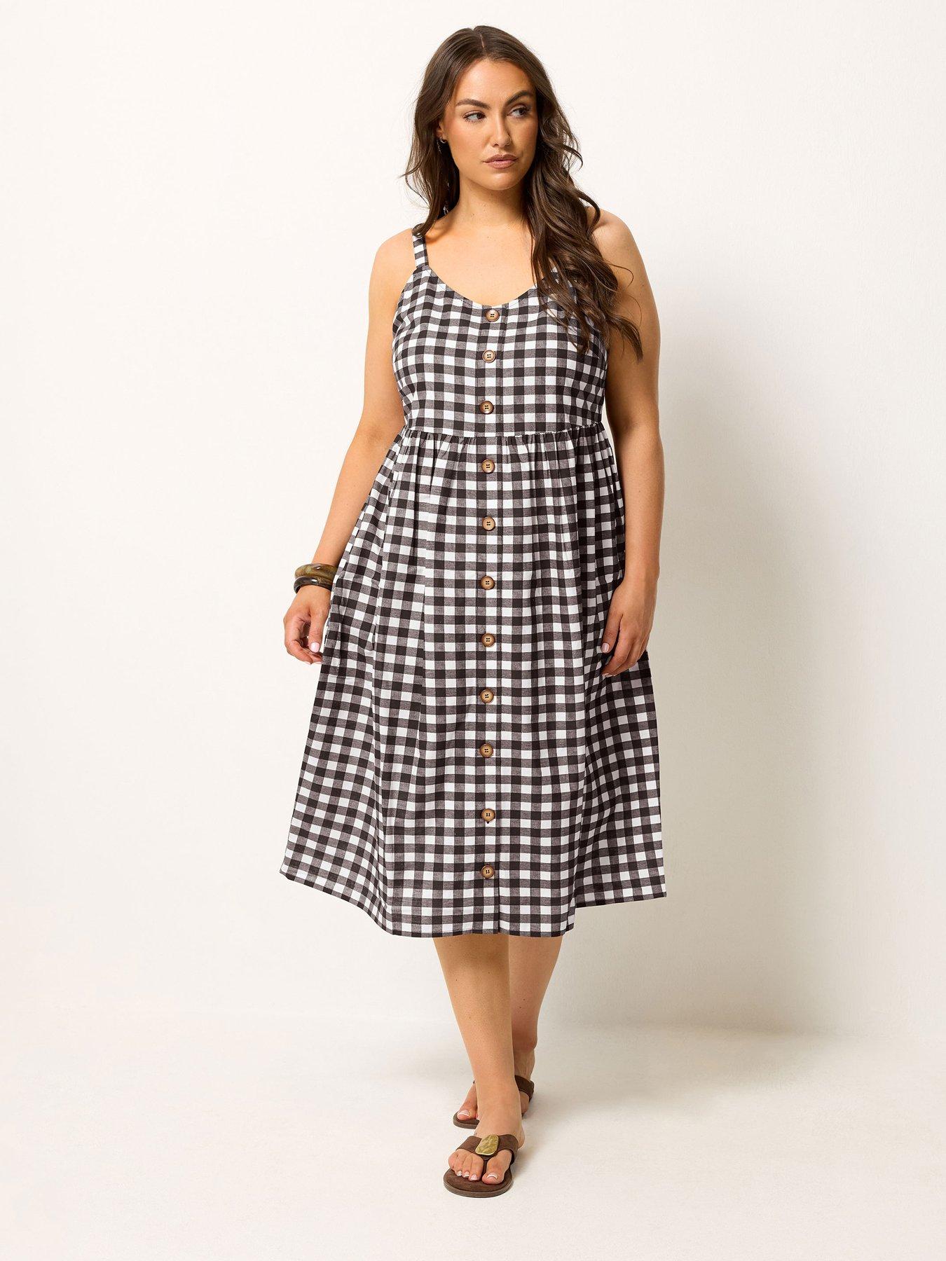 Image 3 of 4 of Yours Curve Chocolate Gingham Print Linen Dress - Brown
