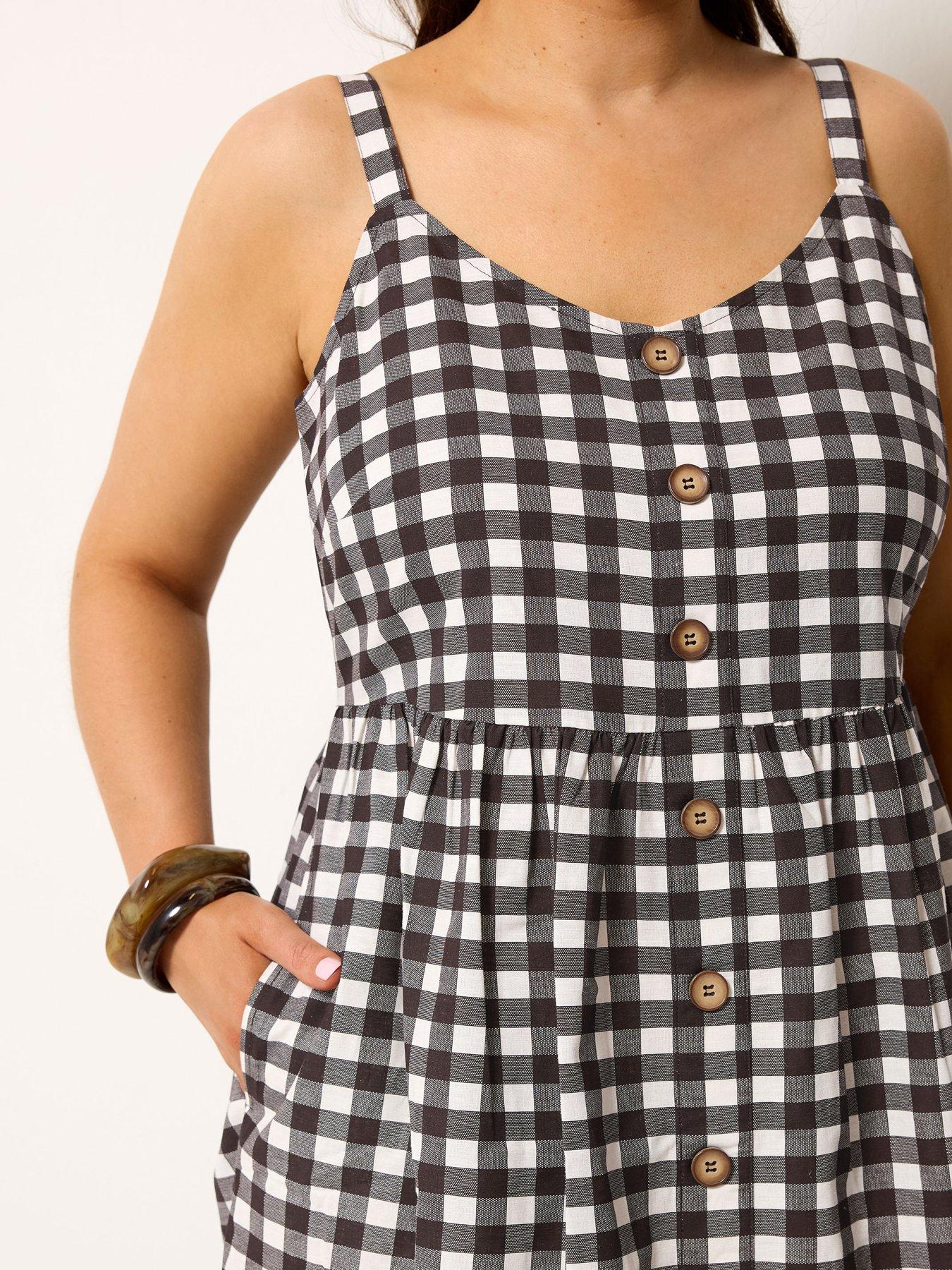 Image 4 of 4 of Yours Curve Chocolate Gingham Print Linen Dress - Brown