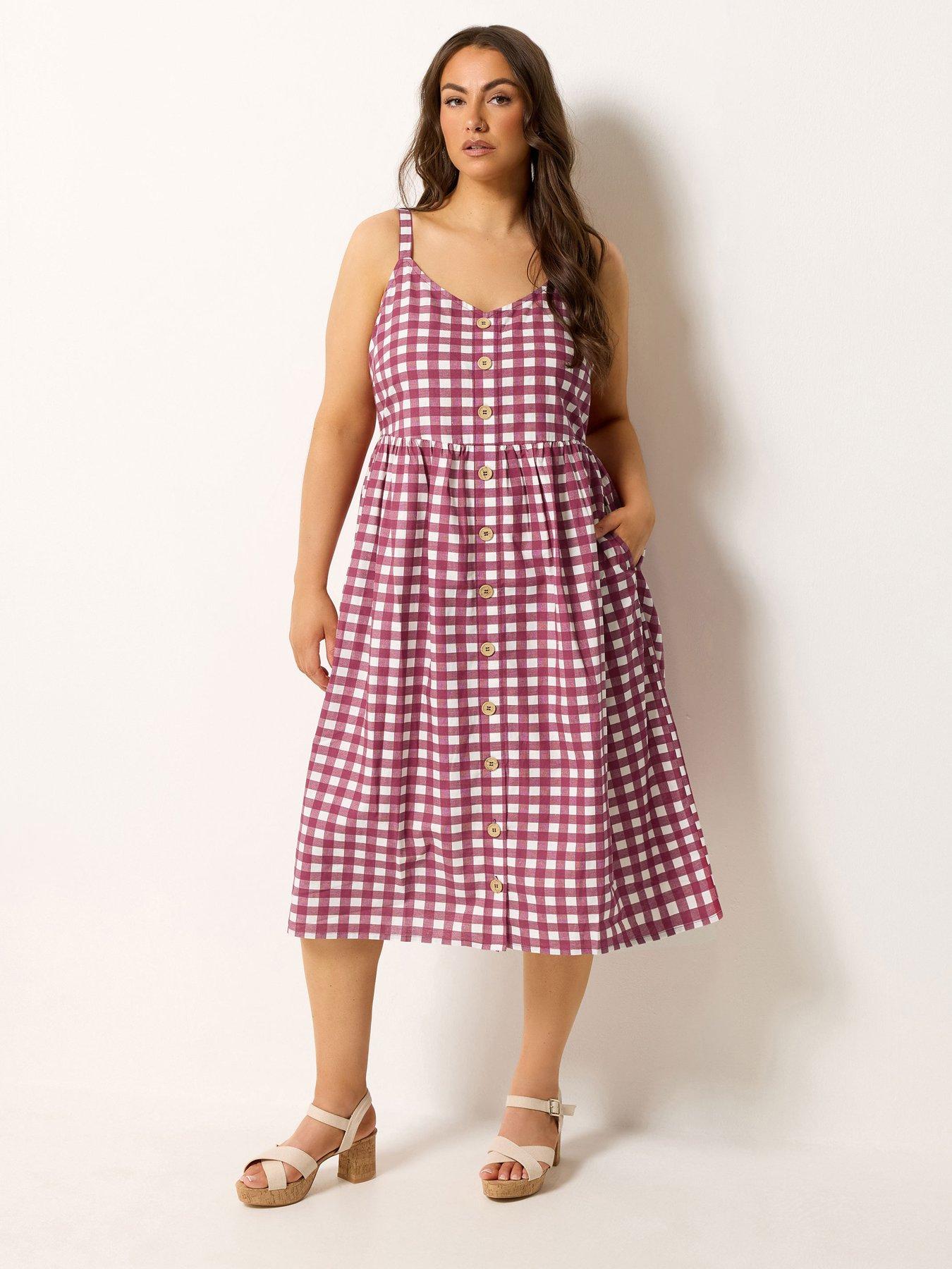 Yours Curve Gingham Print Linen Button Detail Sundress