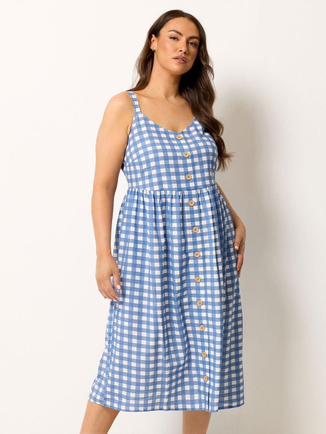 Yours Curve Gingham Print Linen Button Detail Sundress - Blue