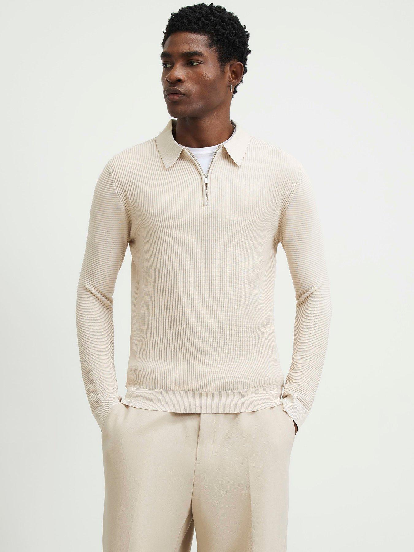 Image 1 of 5 of River Island Muscle Fit Textured Polo Shirt - Beige