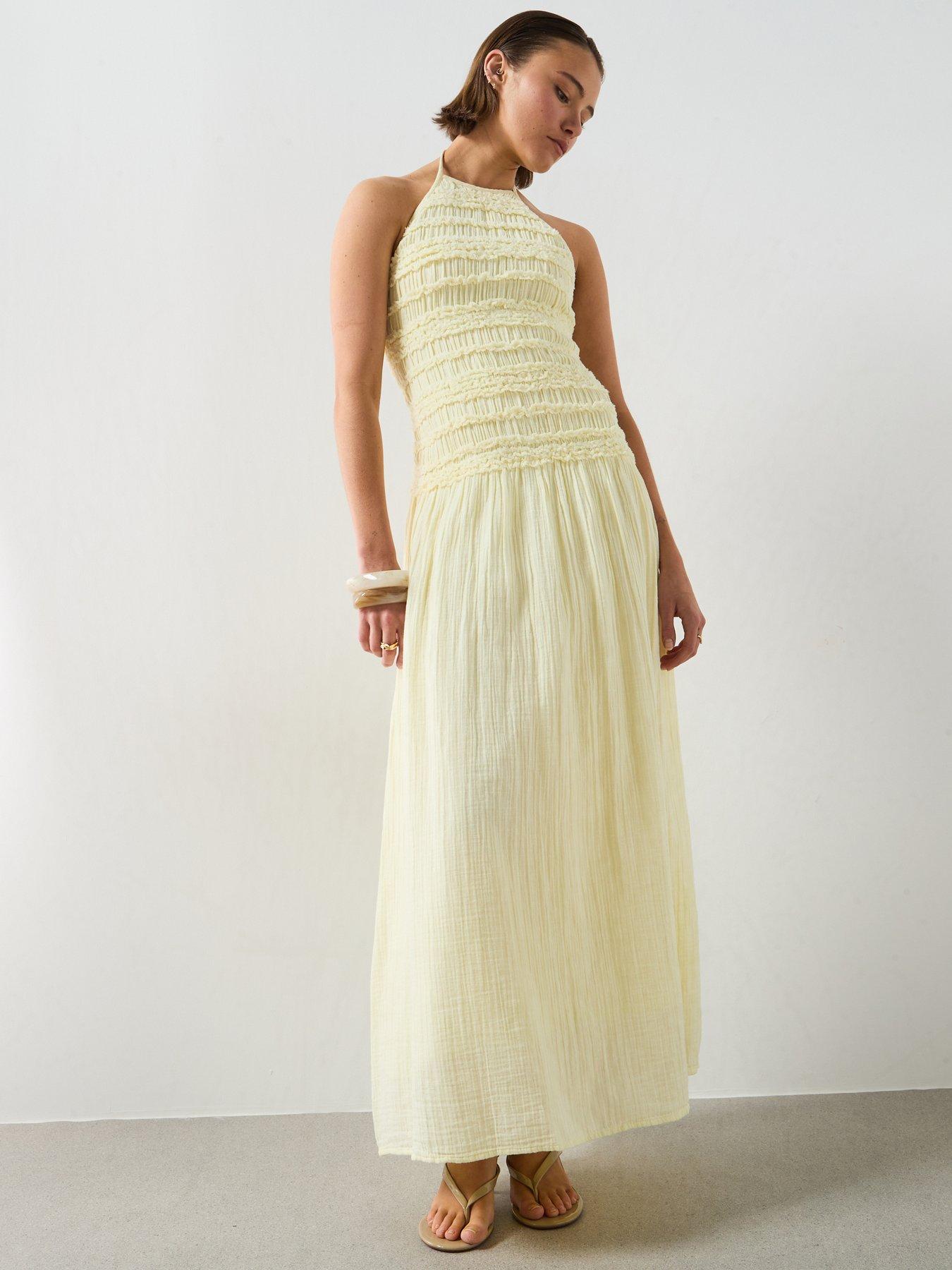 Mango Chambray Dress With Gathered Detail - Pastel Yellow