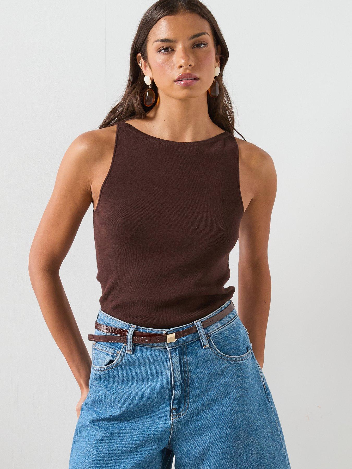 Mango Fine Knit Boat Neck Top - Brown