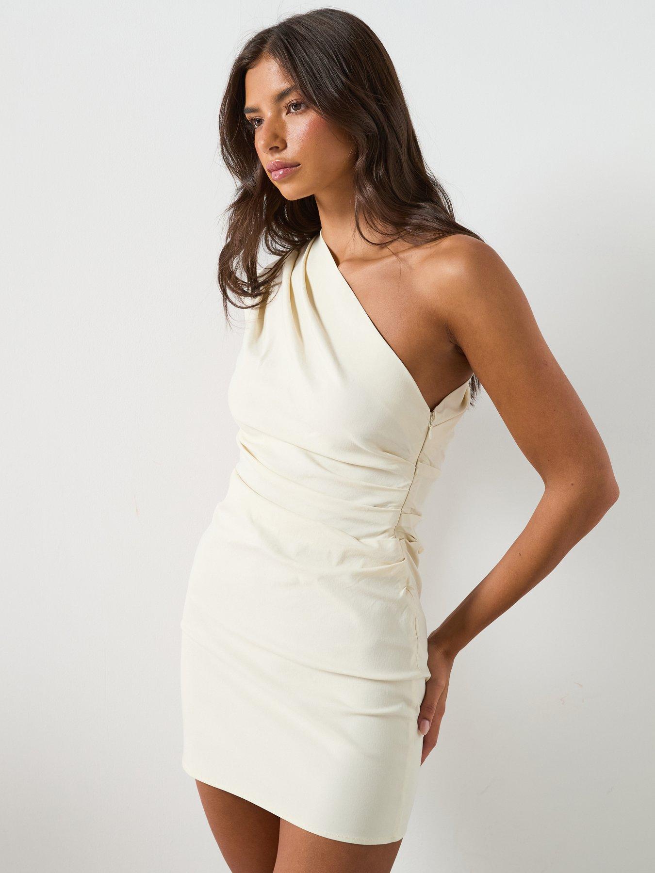 Mango Asymmetric Neckline Dress With Draped Detail - White