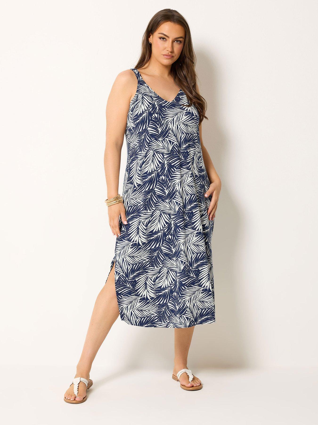 Yours Curve Palm Print Throw On Dress - Blue