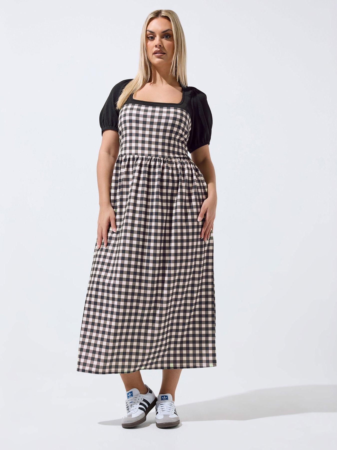 Yours Curve Gingham Contrast Dress - Black