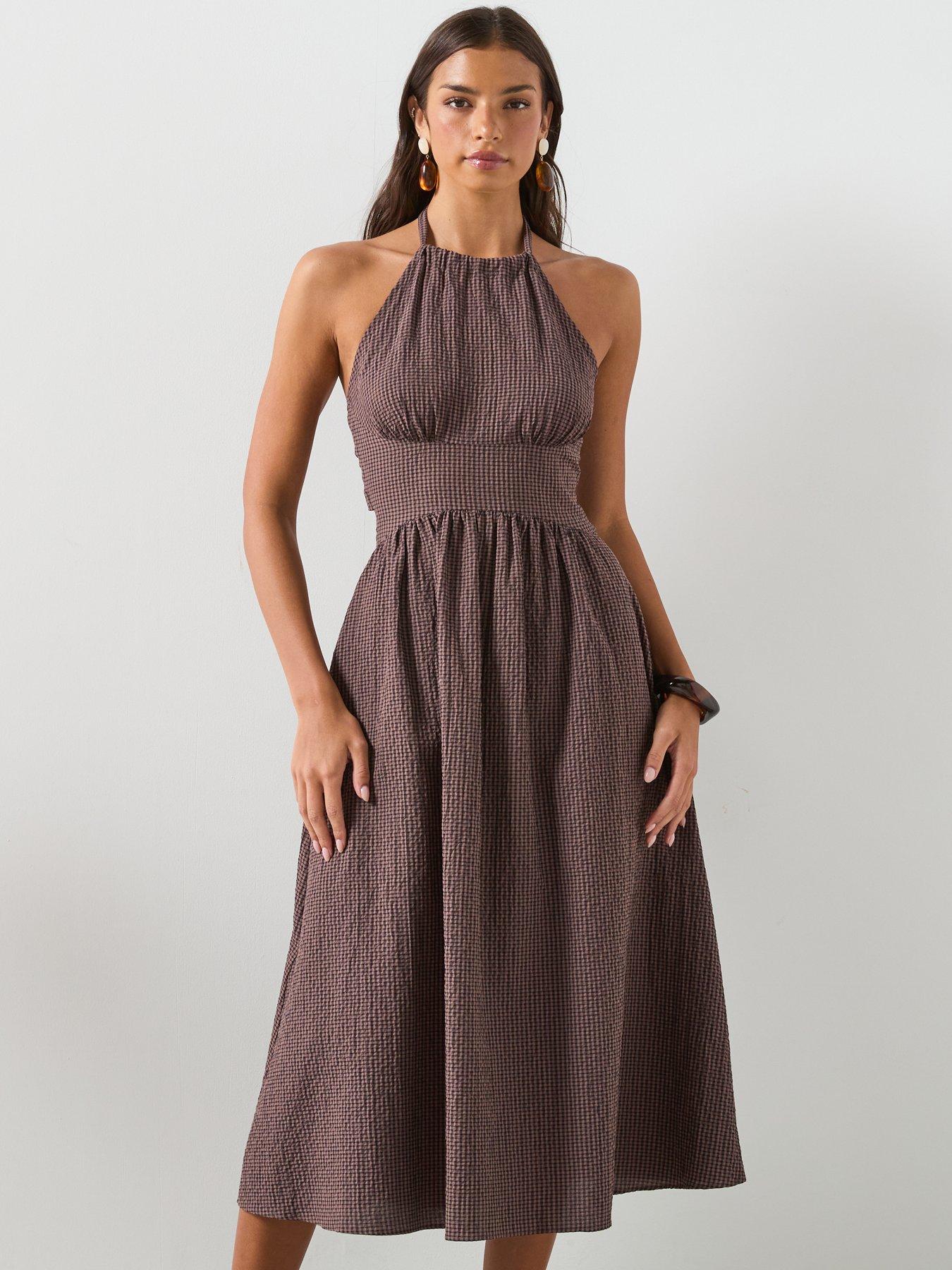 Mango Gingham Check Halter Dress - Brown