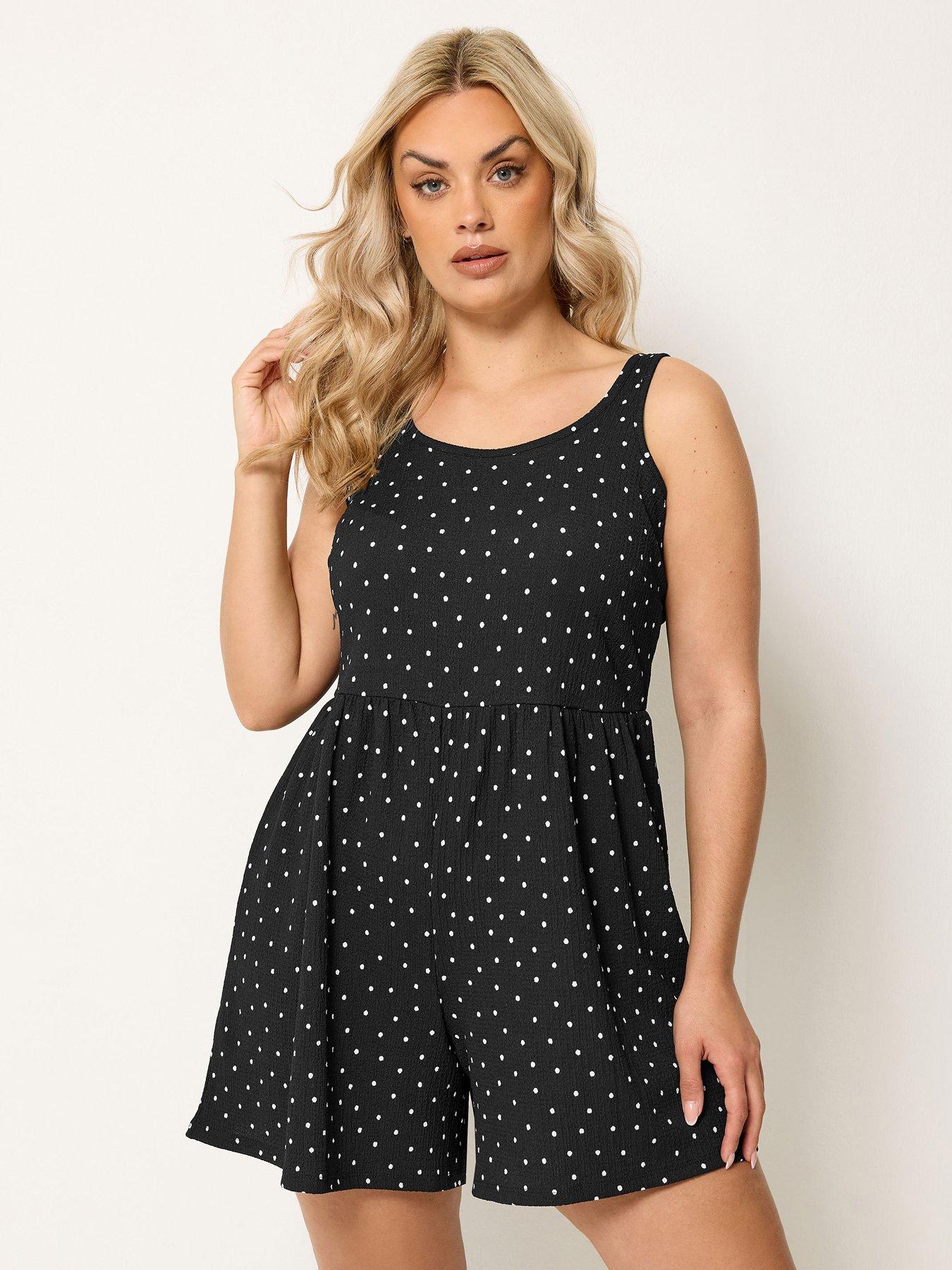 Image 1 of 4 of Yours Polka Dot Print Textured Smock Playsuit - Black