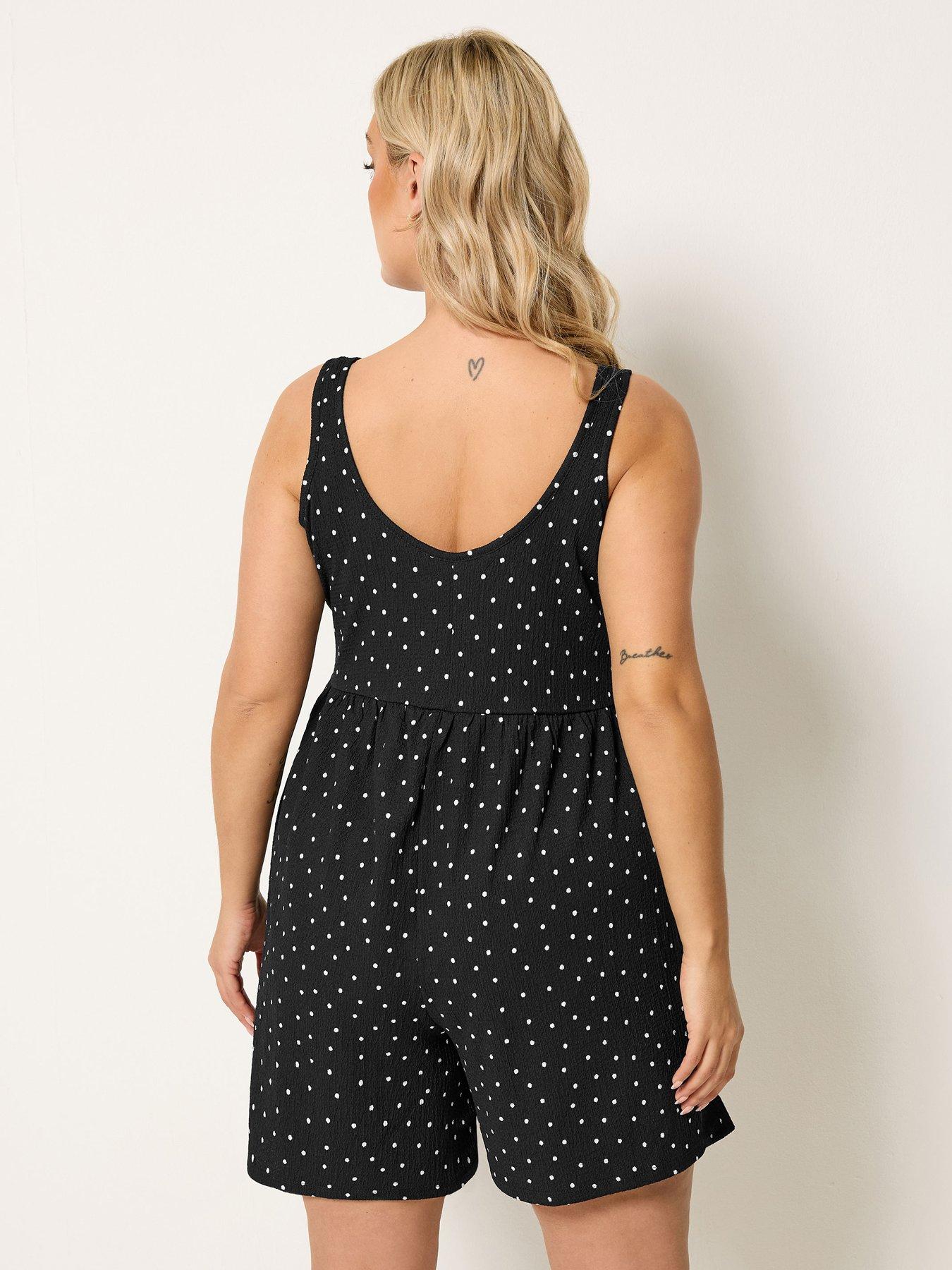 Image 2 of 4 of Yours Polka Dot Print Textured Smock Playsuit - Black