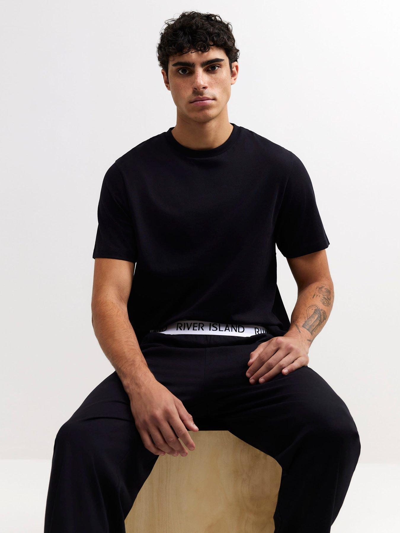 Image 1 of 6 of River Island Cotton T-shirt And Trousers Pyjamas Set - Black