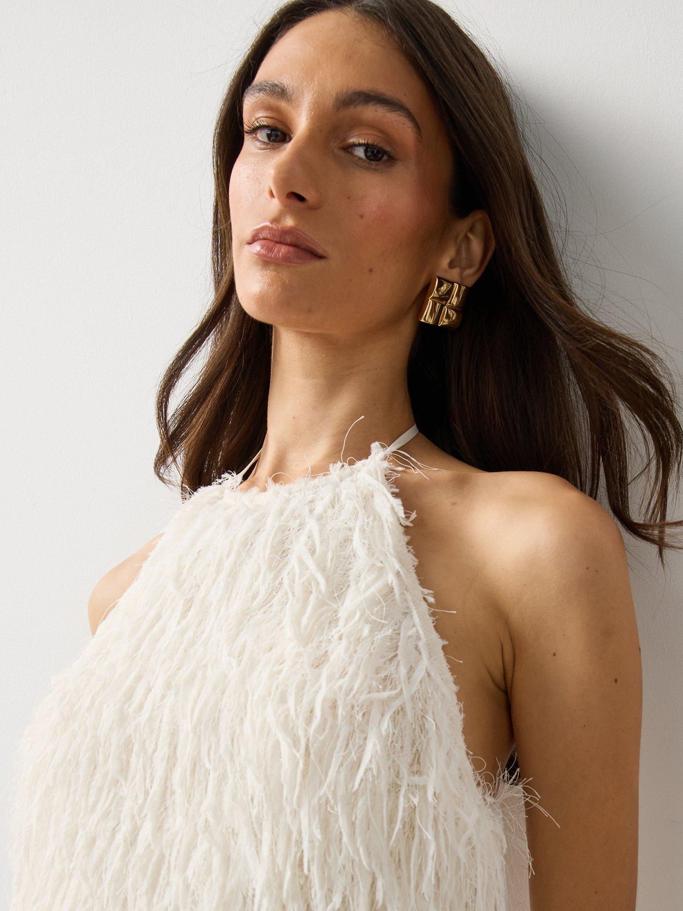 Image 4 of 7 of Michelle Keegan Womens Textured Asymmetric Hem Halterneck Top - Ivory