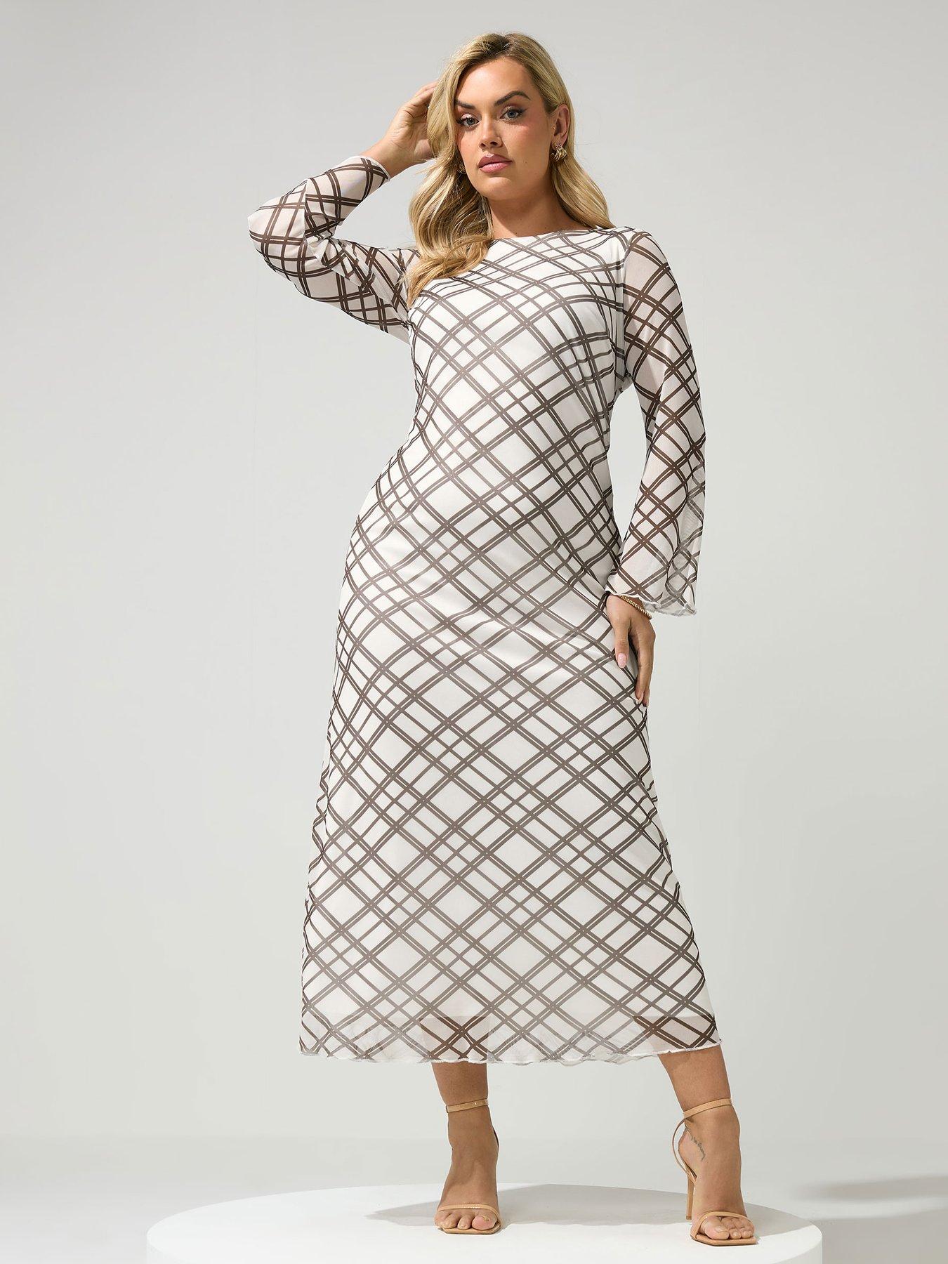 Yours Curve Check Mesh Dress - Cream