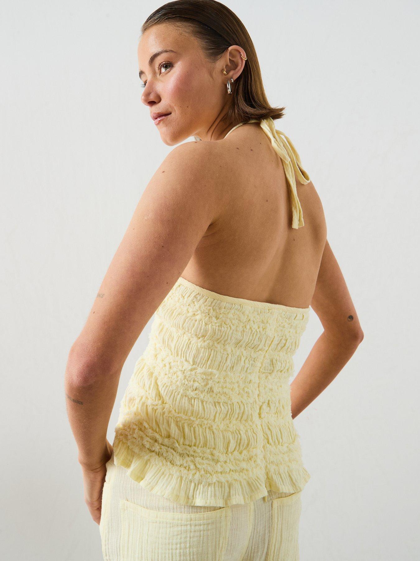 Image 2 of 5 of Mango Halter Neck Crinkle Top - Pastel Yellow