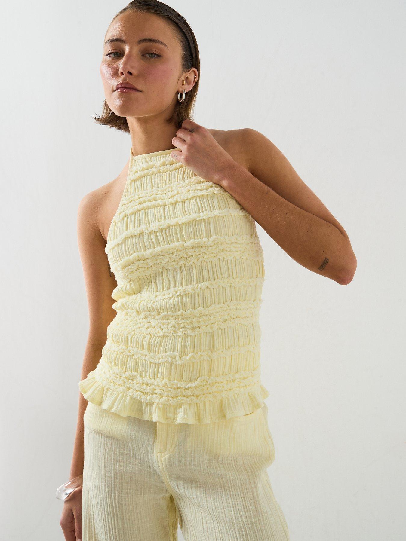 Image 4 of 5 of Mango Halter Neck Crinkle Top - Pastel Yellow