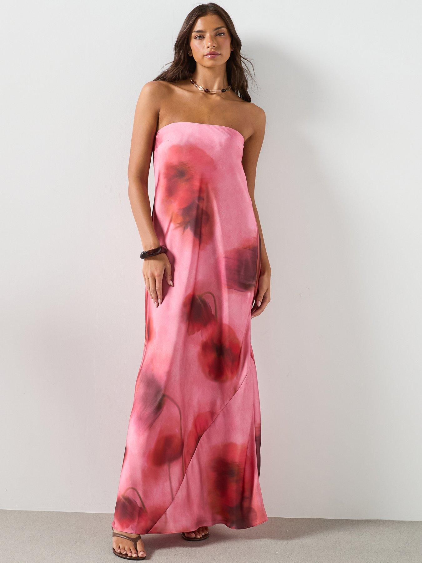 Mango Strapless Floral Dress - Pastel Pink