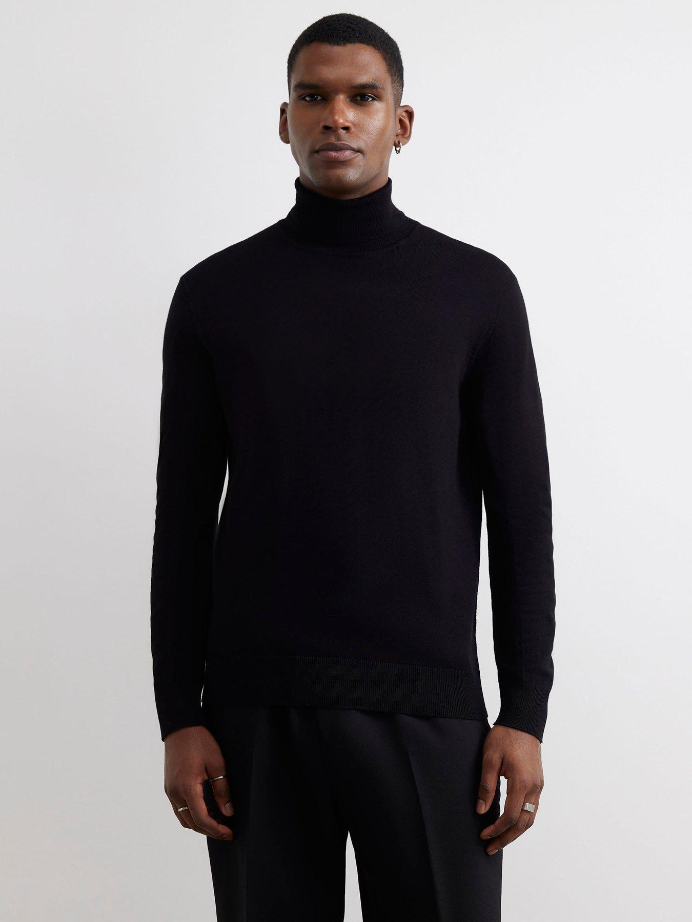 Image 1 of 5 of River Island Mens Midweight Slim Fit Roll Neck Cotton Jumper - Black