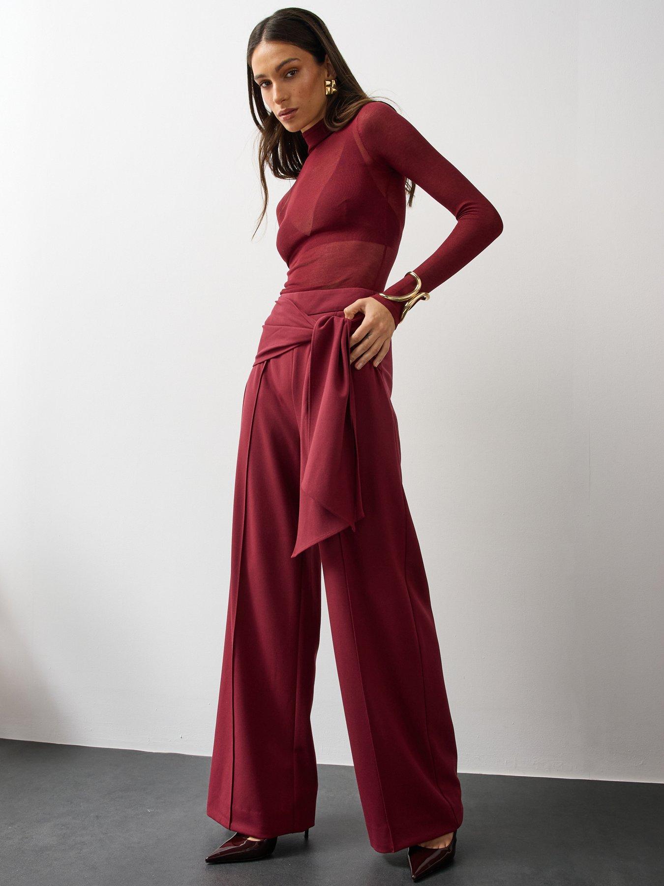 Image 1 of 7 of Michelle Keegan Womens Tie Detail Wide Leg Co Ord&nbsp;Trousers - Burgundy