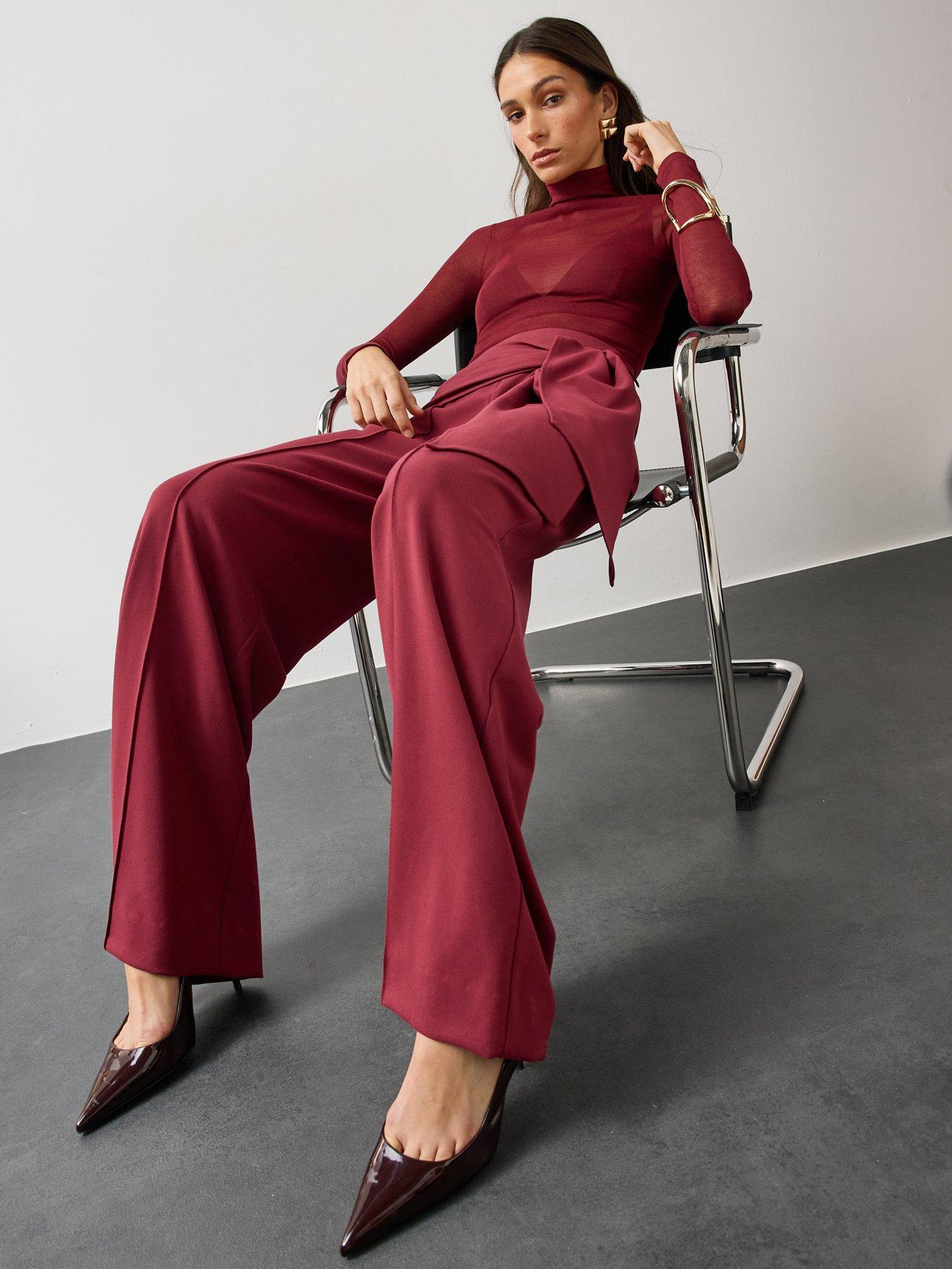 Image 2 of 7 of Michelle Keegan Womens Tie Detail Wide Leg Co Ord&nbsp;Trousers - Burgundy