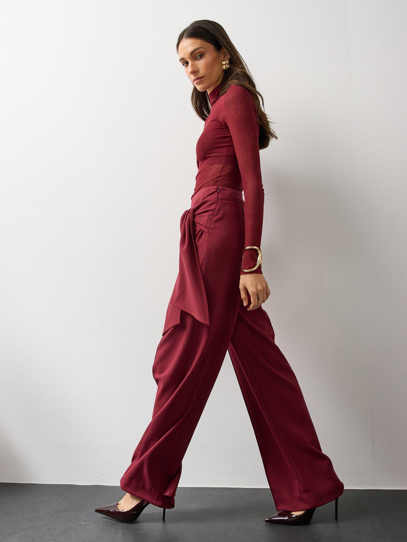 Image 4 of 7 of Michelle Keegan Womens Tie Detail Wide Leg Co Ord&nbsp;Trousers - Burgundy