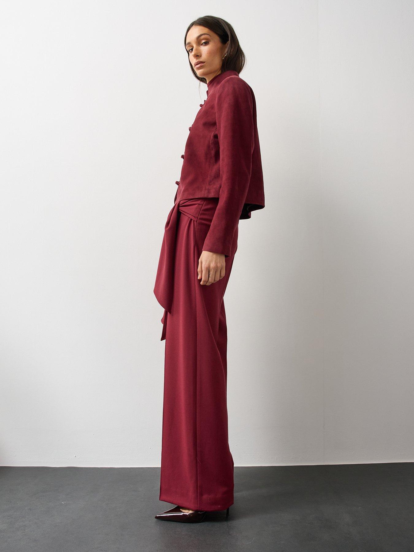 Image 6 of 7 of Michelle Keegan Womens Tie Detail Wide Leg Co Ord&nbsp;Trousers - Burgundy