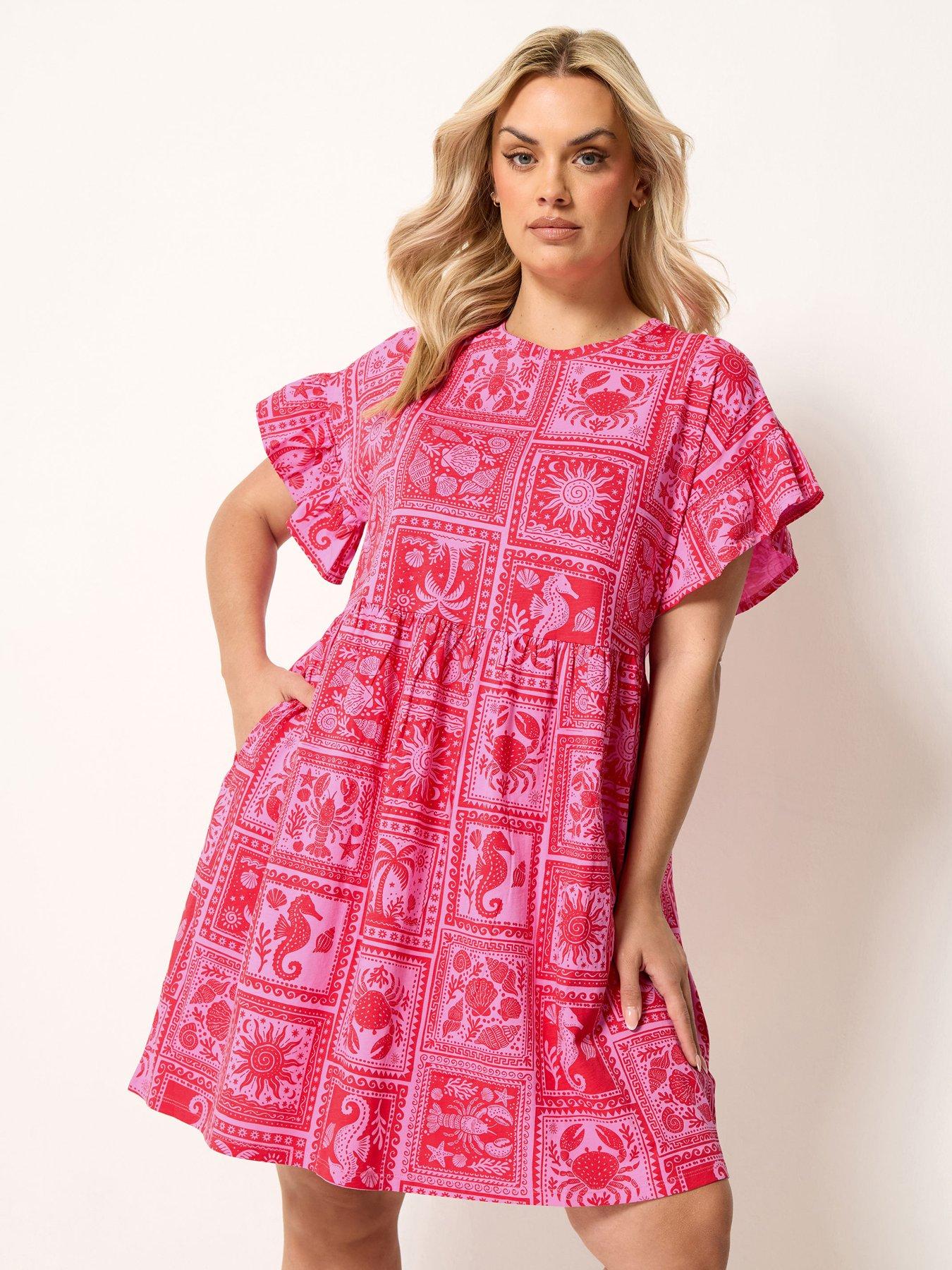 Yours Curve Frill Sleeve Tunic Dress - Pink
