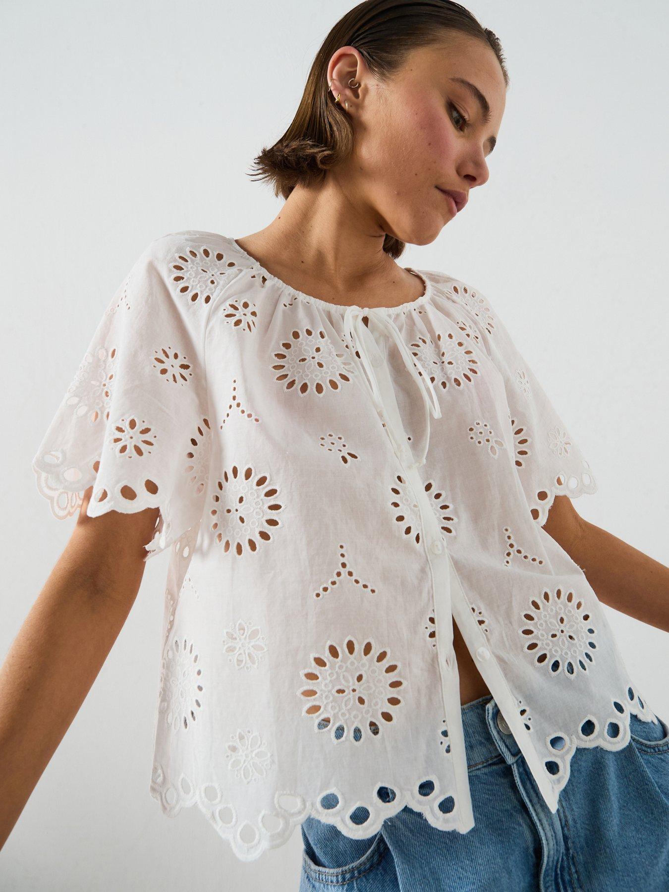 Mango 100% Cotton Blouse With Broderie Anglaise Embroidery - White