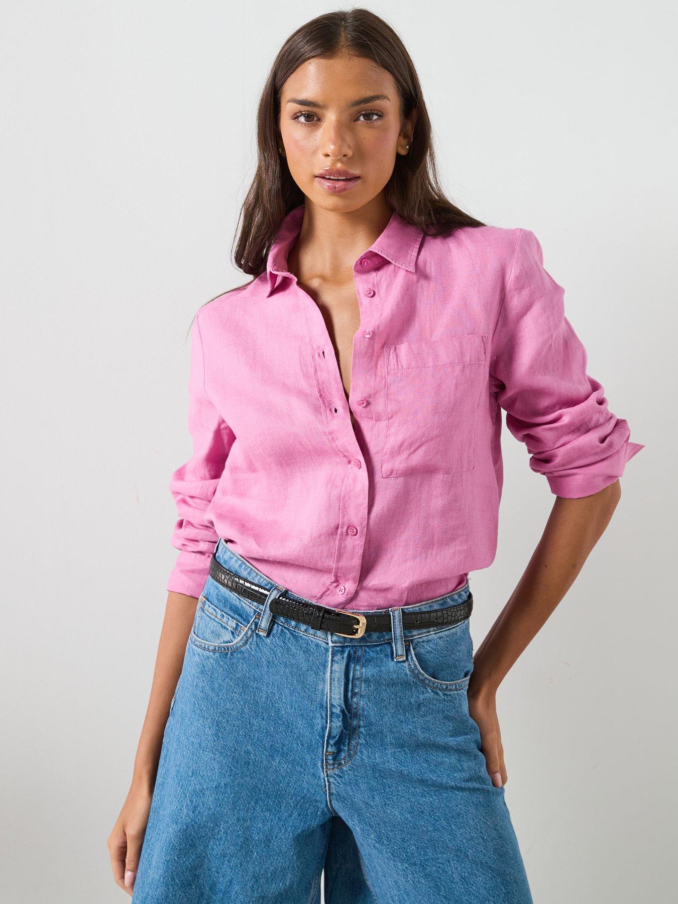 Image 1 of 6 of Mango Pocket Linen Shirt - Pink