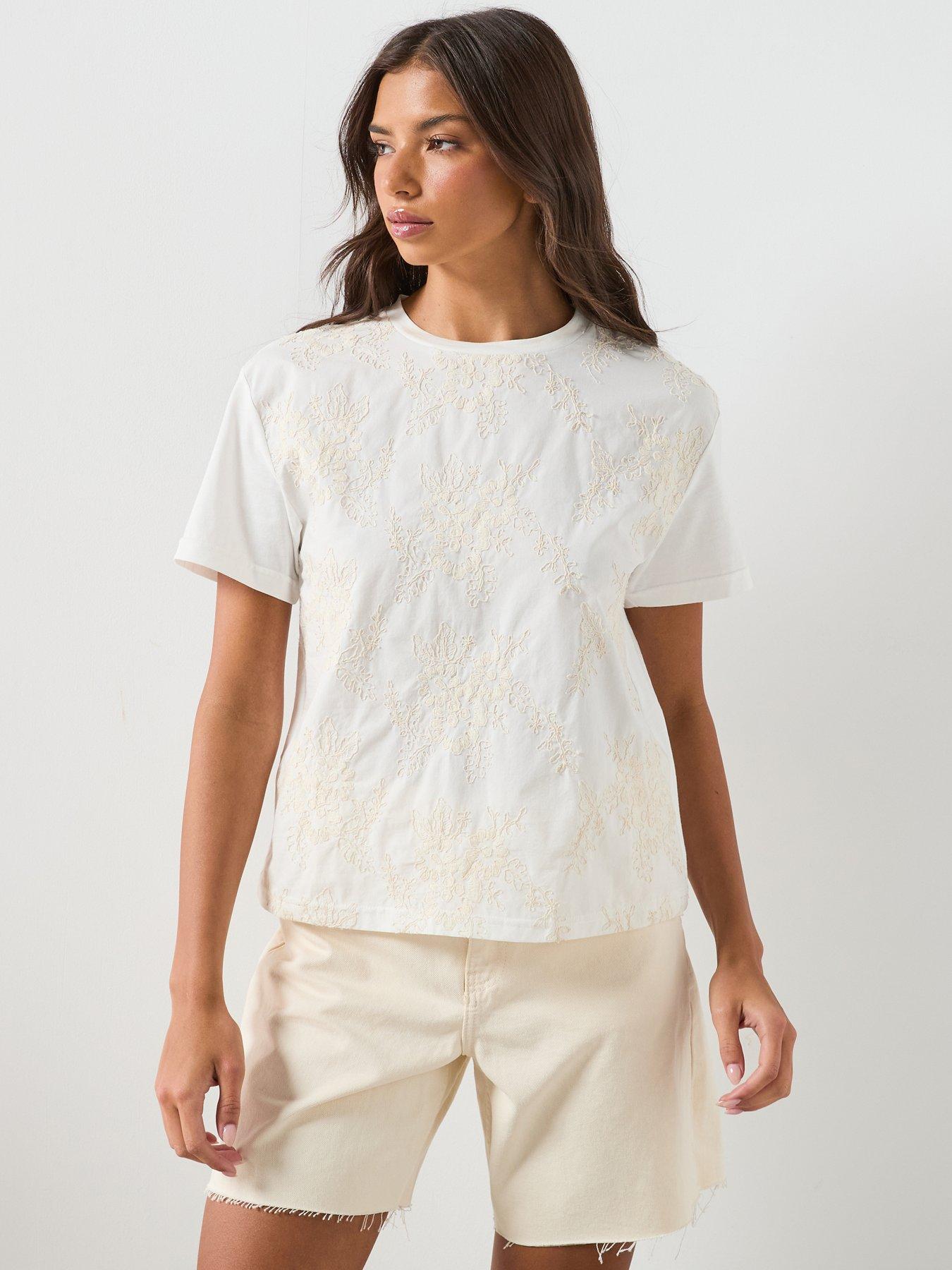 Mango Floral-embroidered Cotton T-shirt - Cream