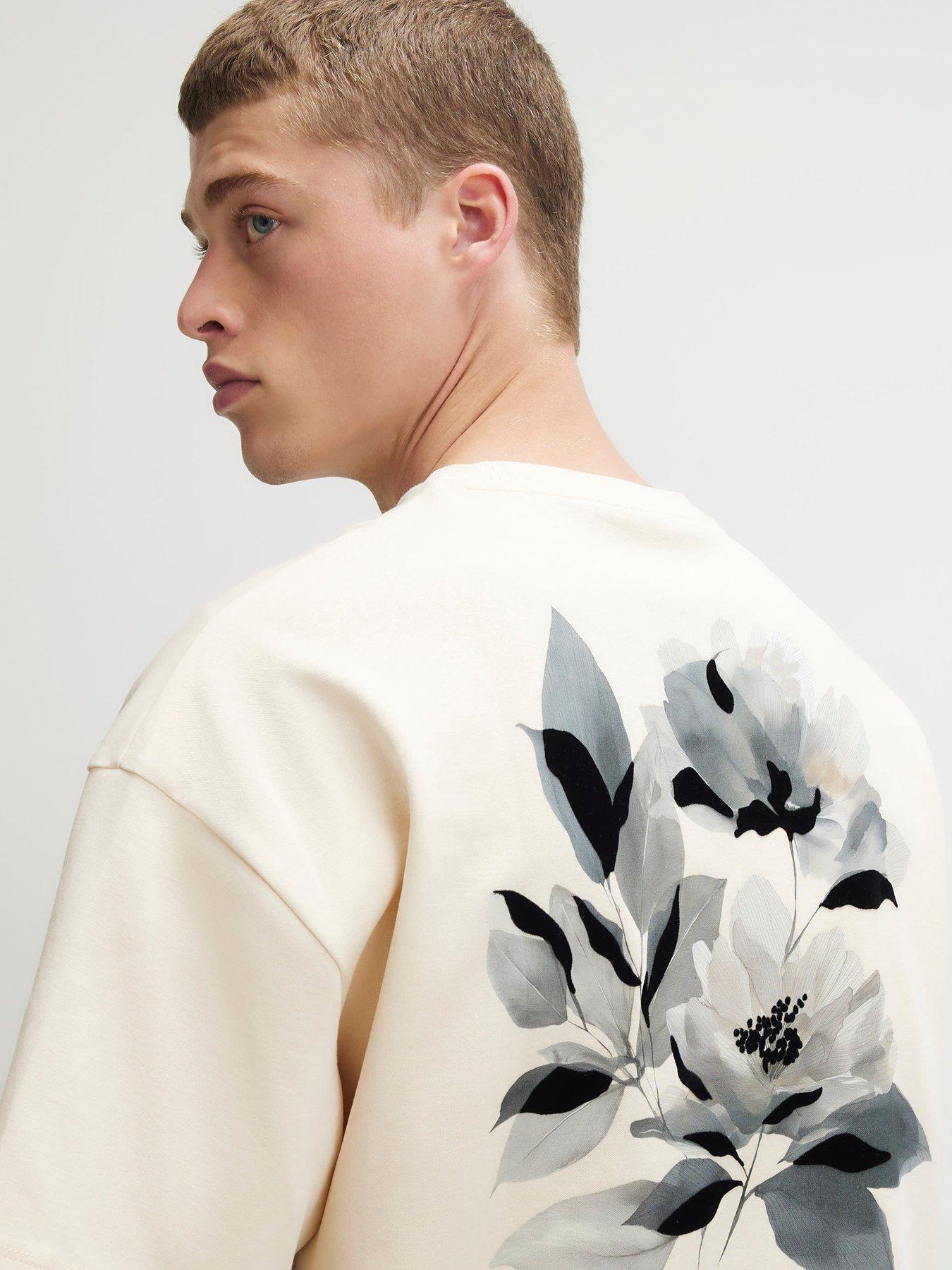 Image 2 of 6 of River Island Oversized Cotton Blend Floral T-Shirt - Beige