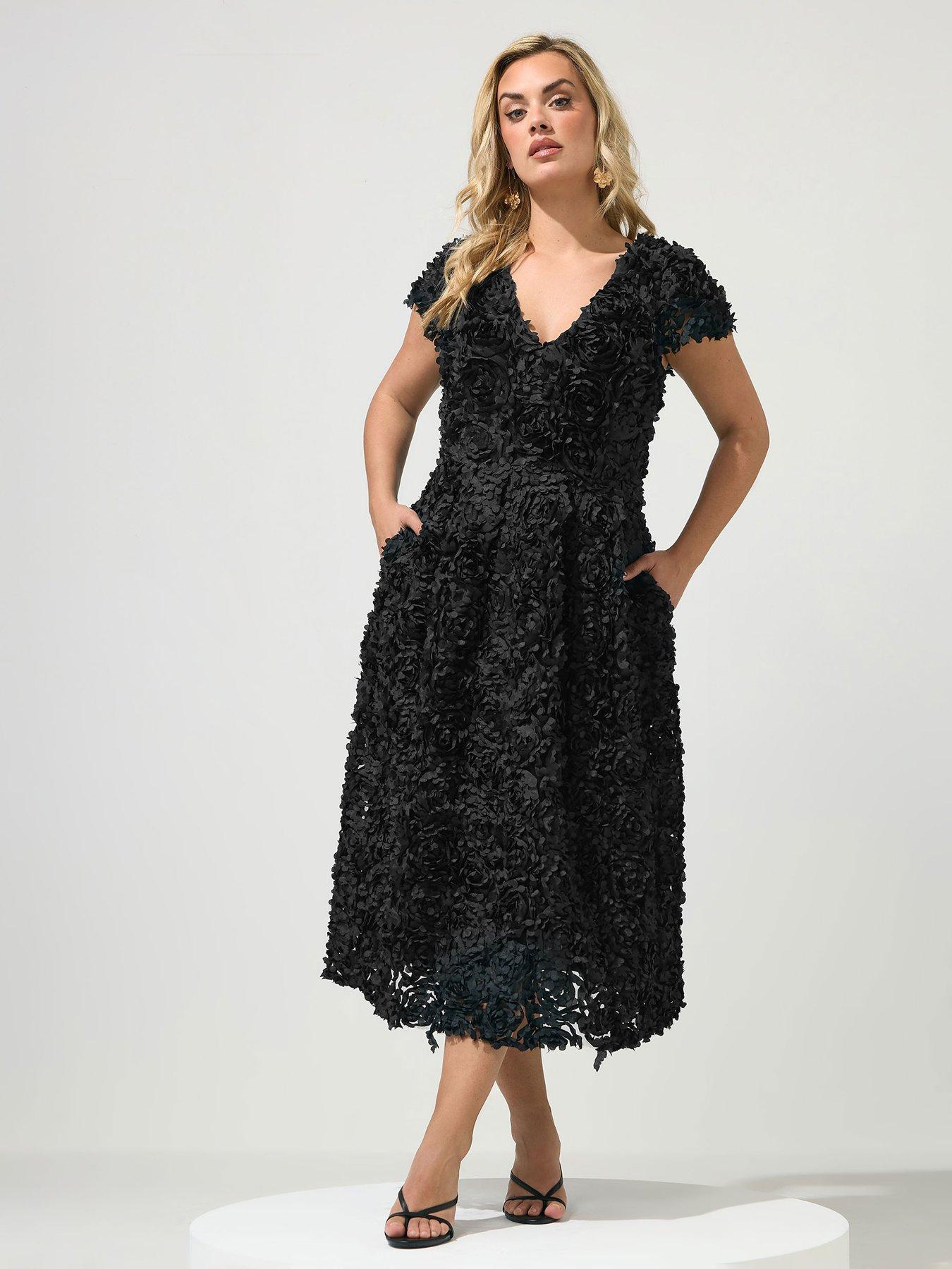 Yours Curve 3D Floral Cap Sleeve Dress - Black