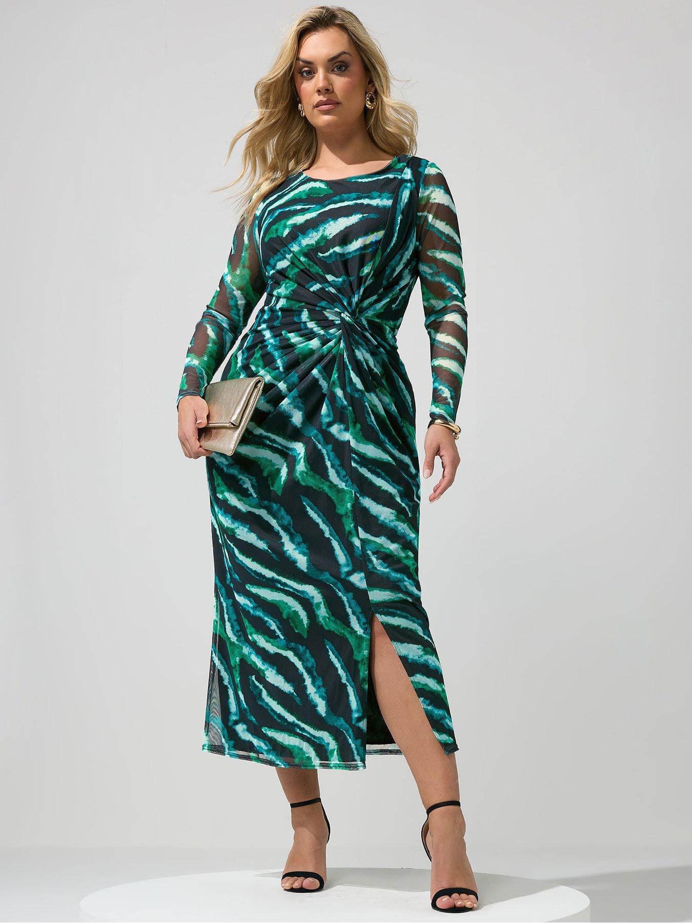 Image 1 of 5 of Yours Curve Zebra Side Knot Dress - &nbsp;Black/Green