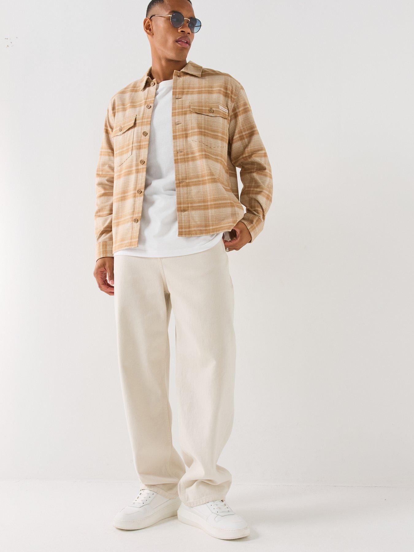 Image 3 of 6 of Calvin Klein Jeans Mens Checked Button-Through Cotton Overshirt - Beige